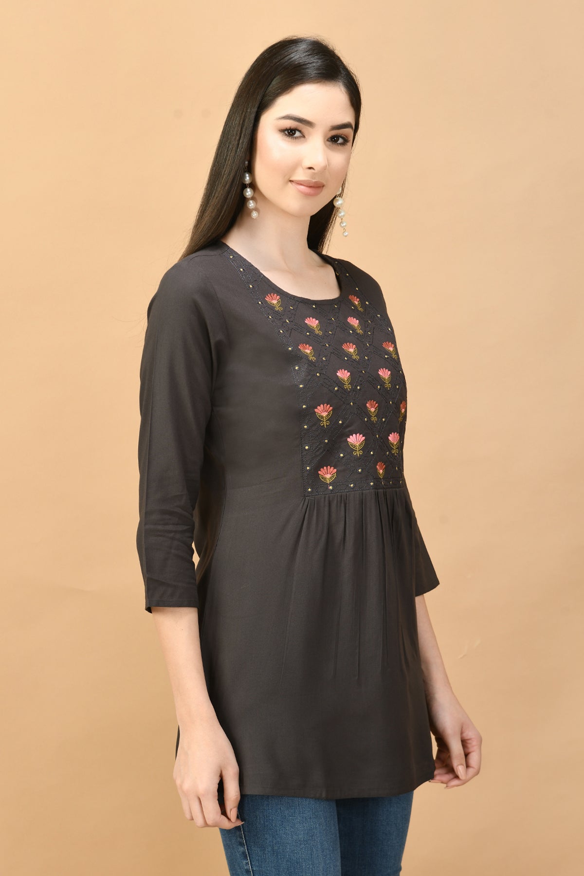Charcoal Grey Floral Embroidered A-Line Top