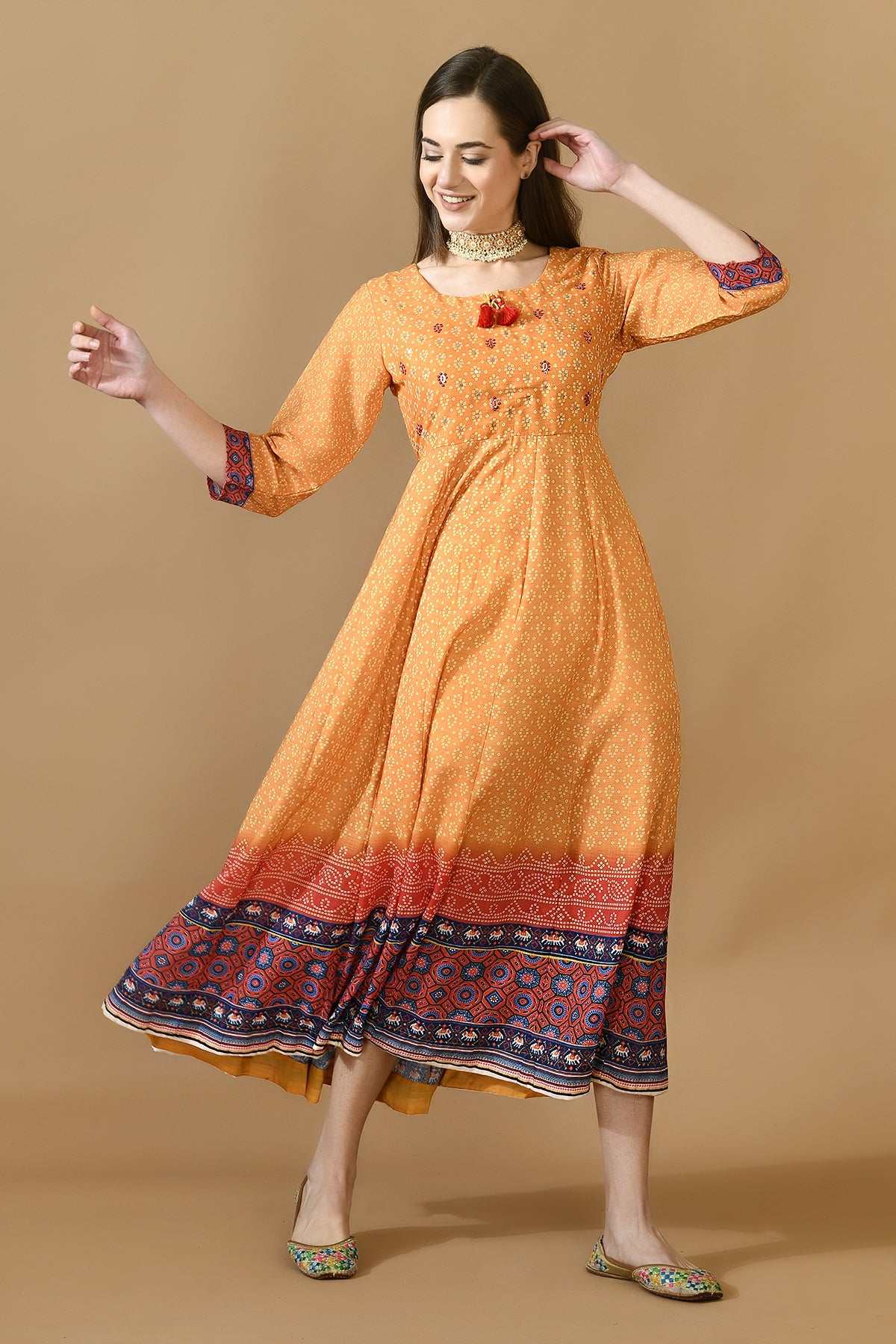 Mustard Yellow Print Midi Dress