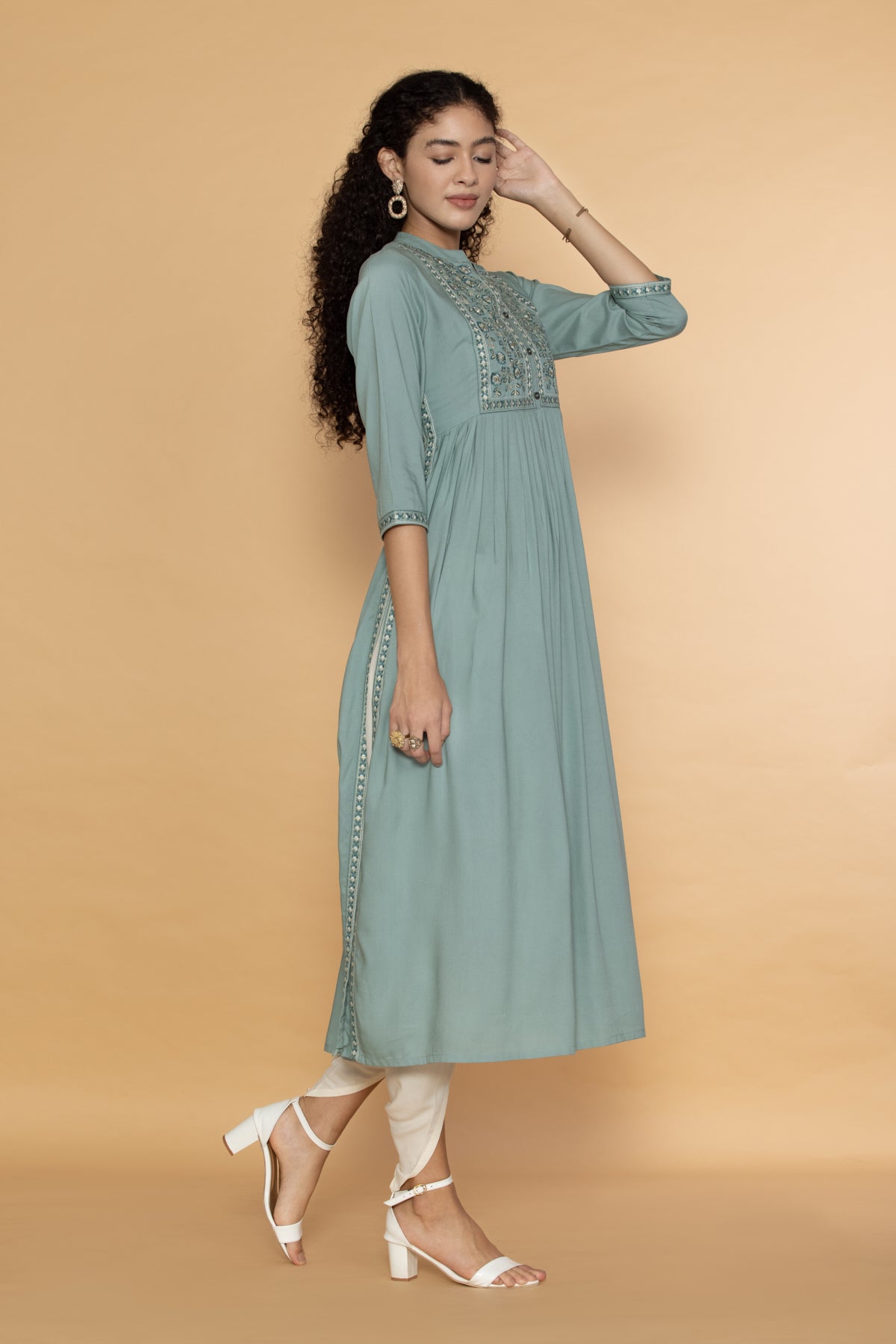 Sea Green Yoke Embroidered Dress