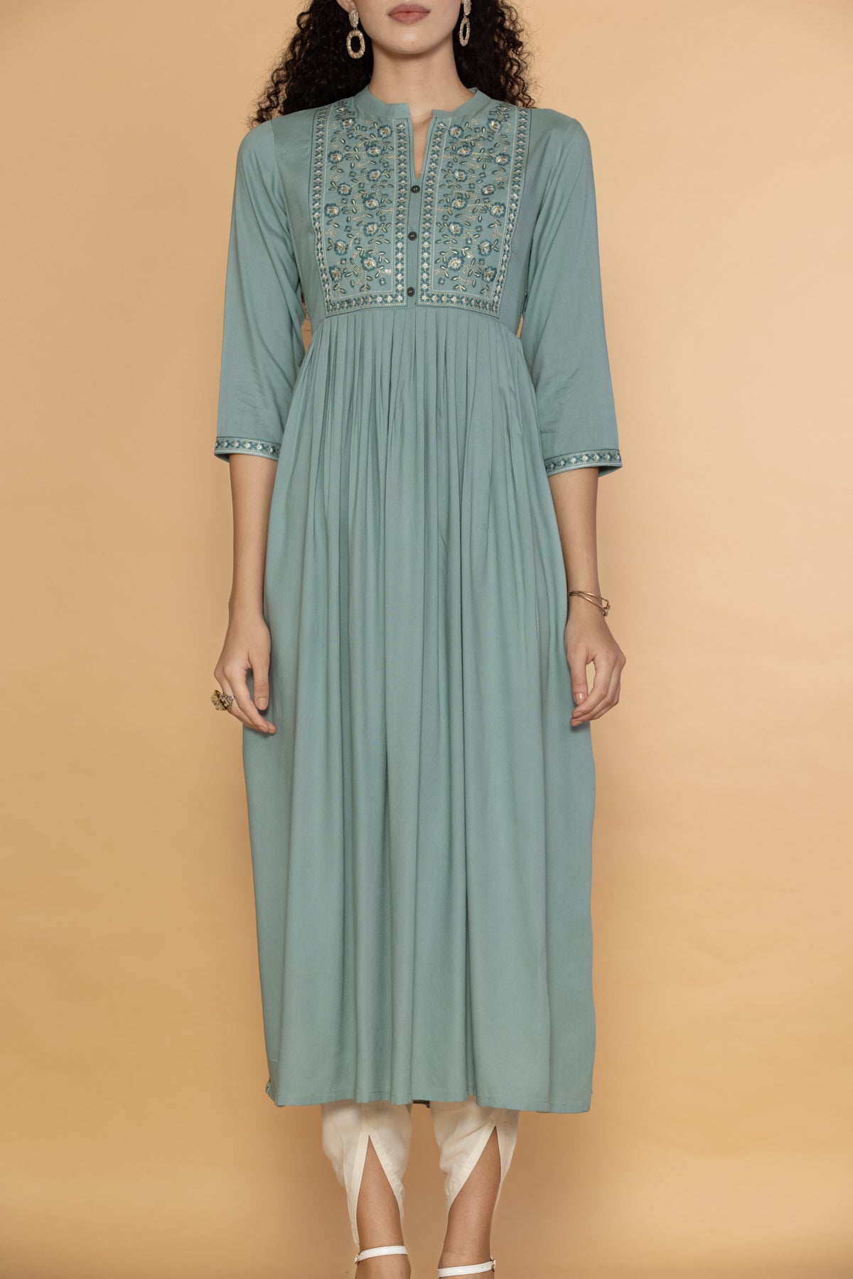 Sea Green Yoke Embroidered Dress