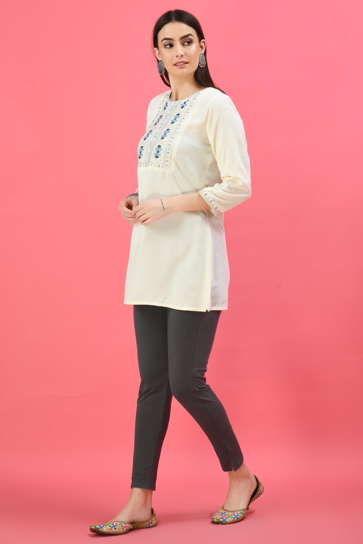 Cream Yoke Embroidered A-Line Top