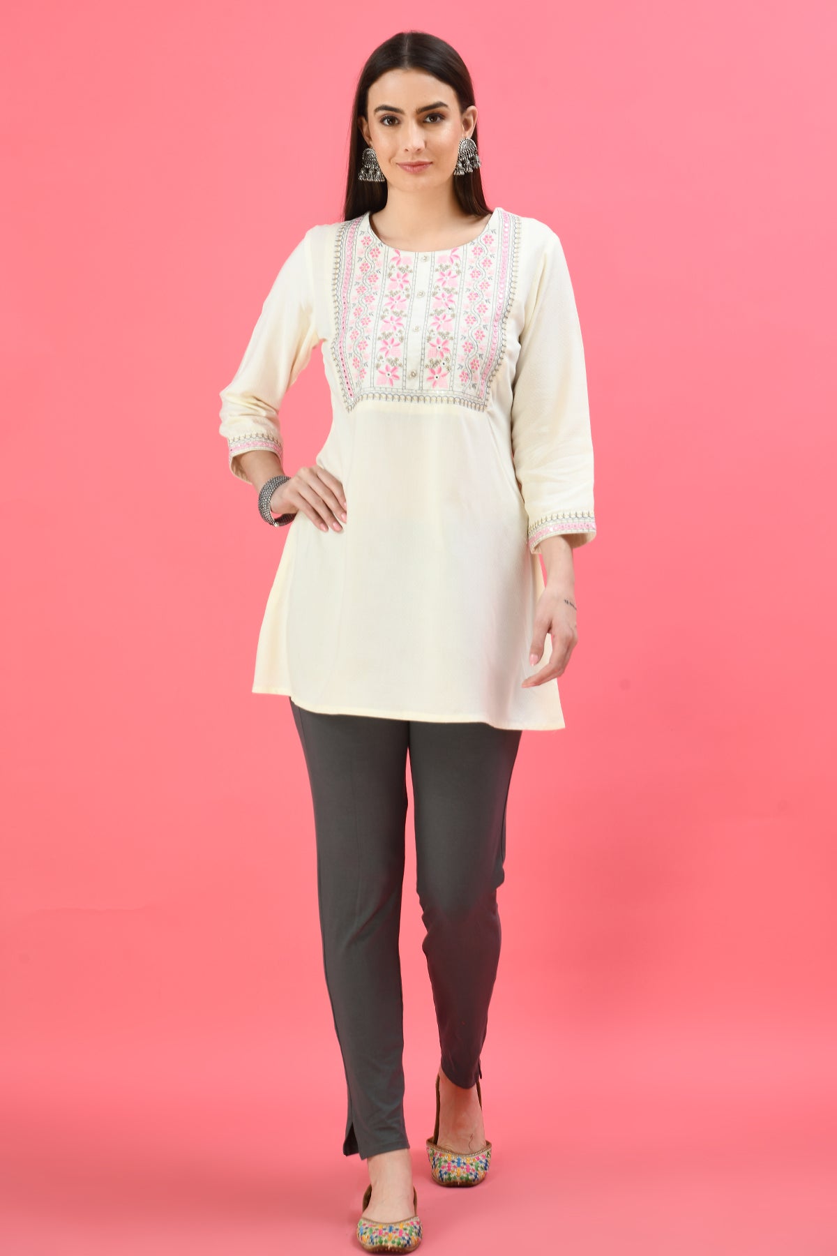 Cream Yoke Embroidered Top