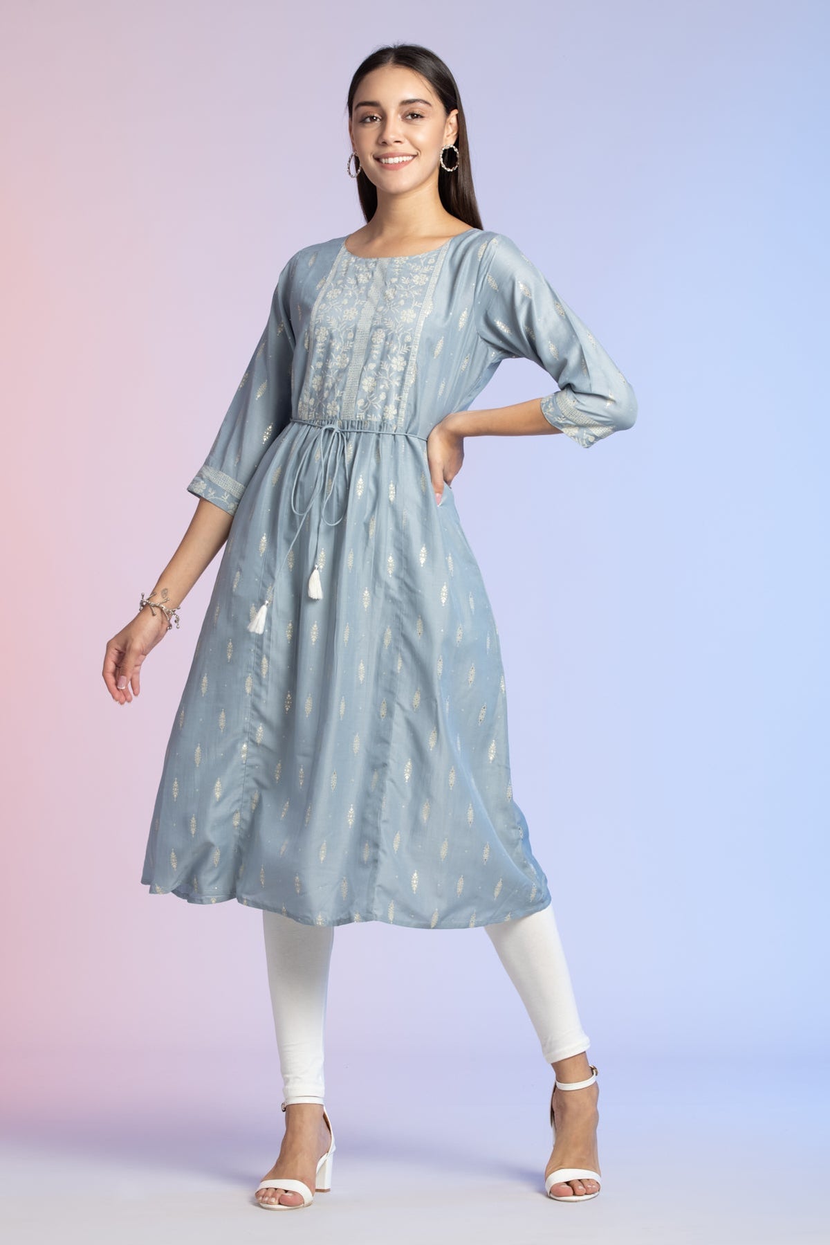 Grey Off White Printed Kurta
