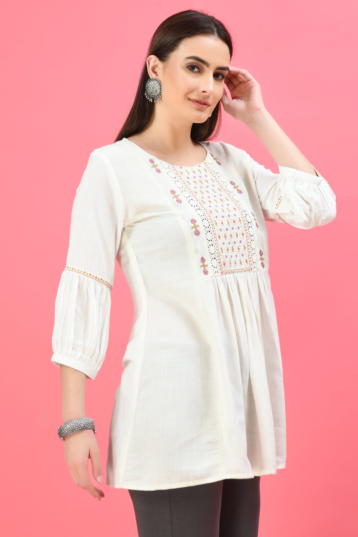 Off-White Embroidered A-Line Kurti