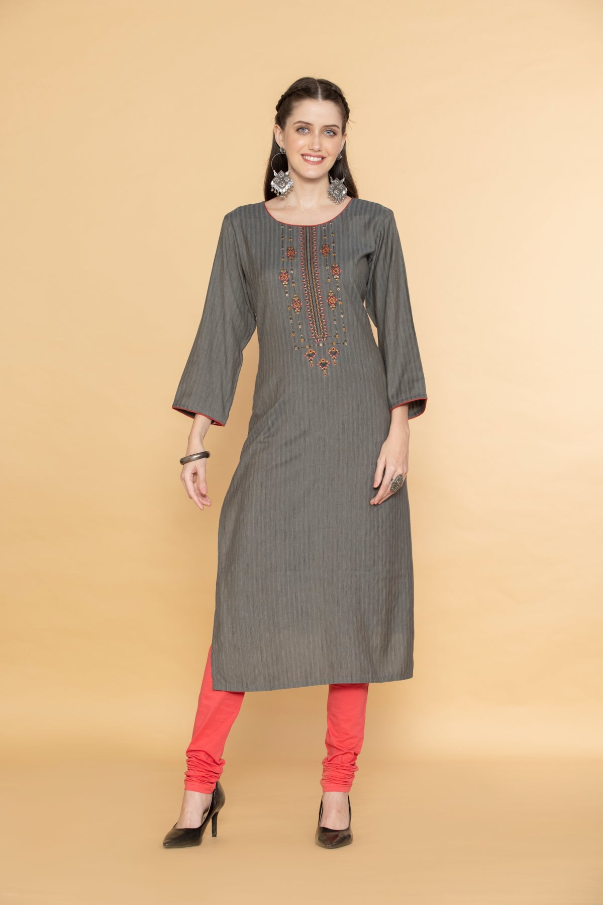 Grey Yoke Embroidered Kurta