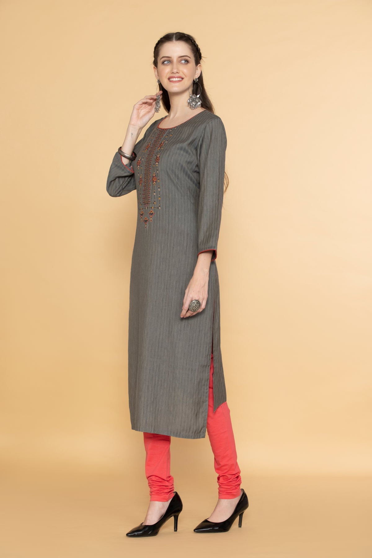 Grey Yoke Embroidered Kurta