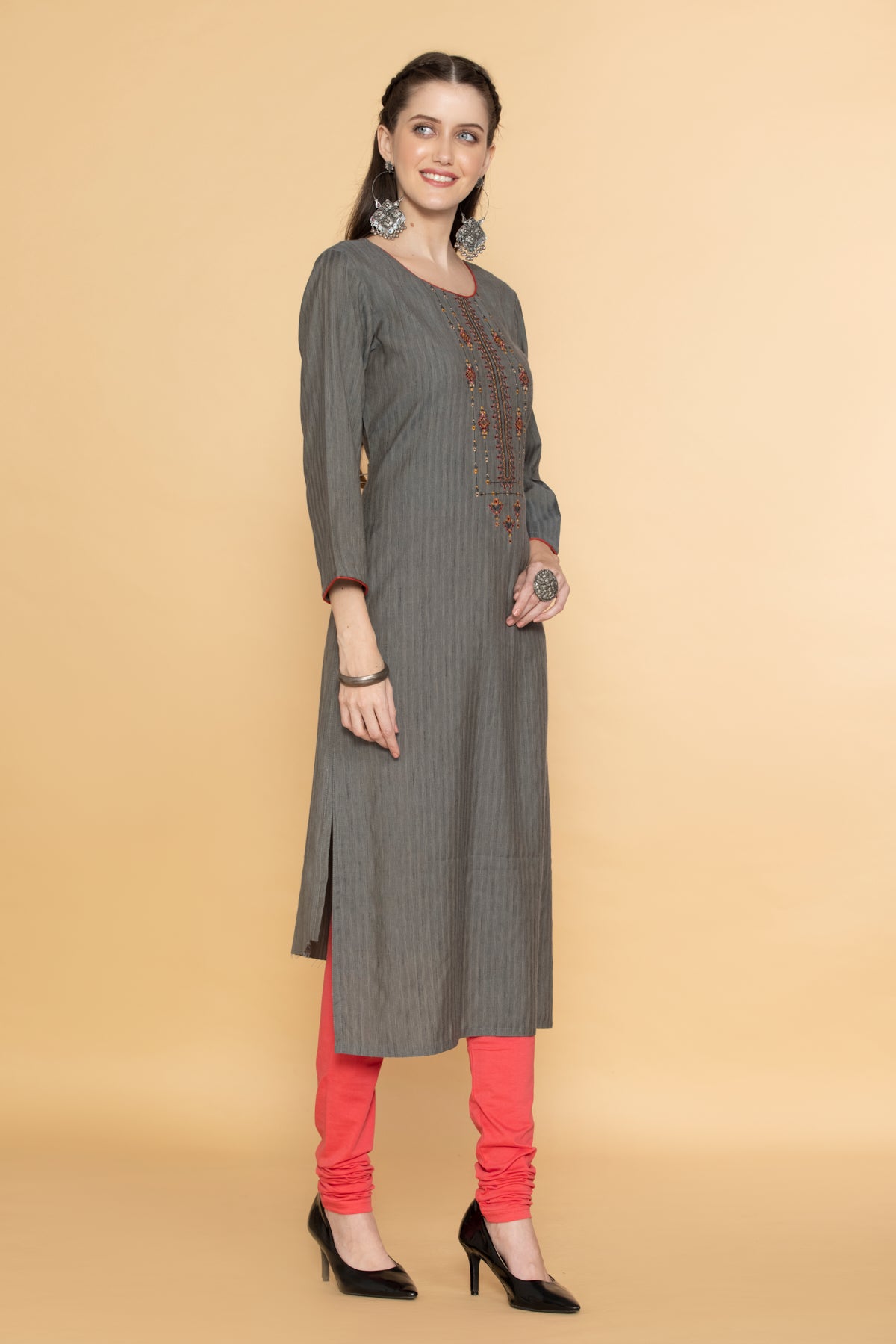 Grey Yoke Embroidered Kurta