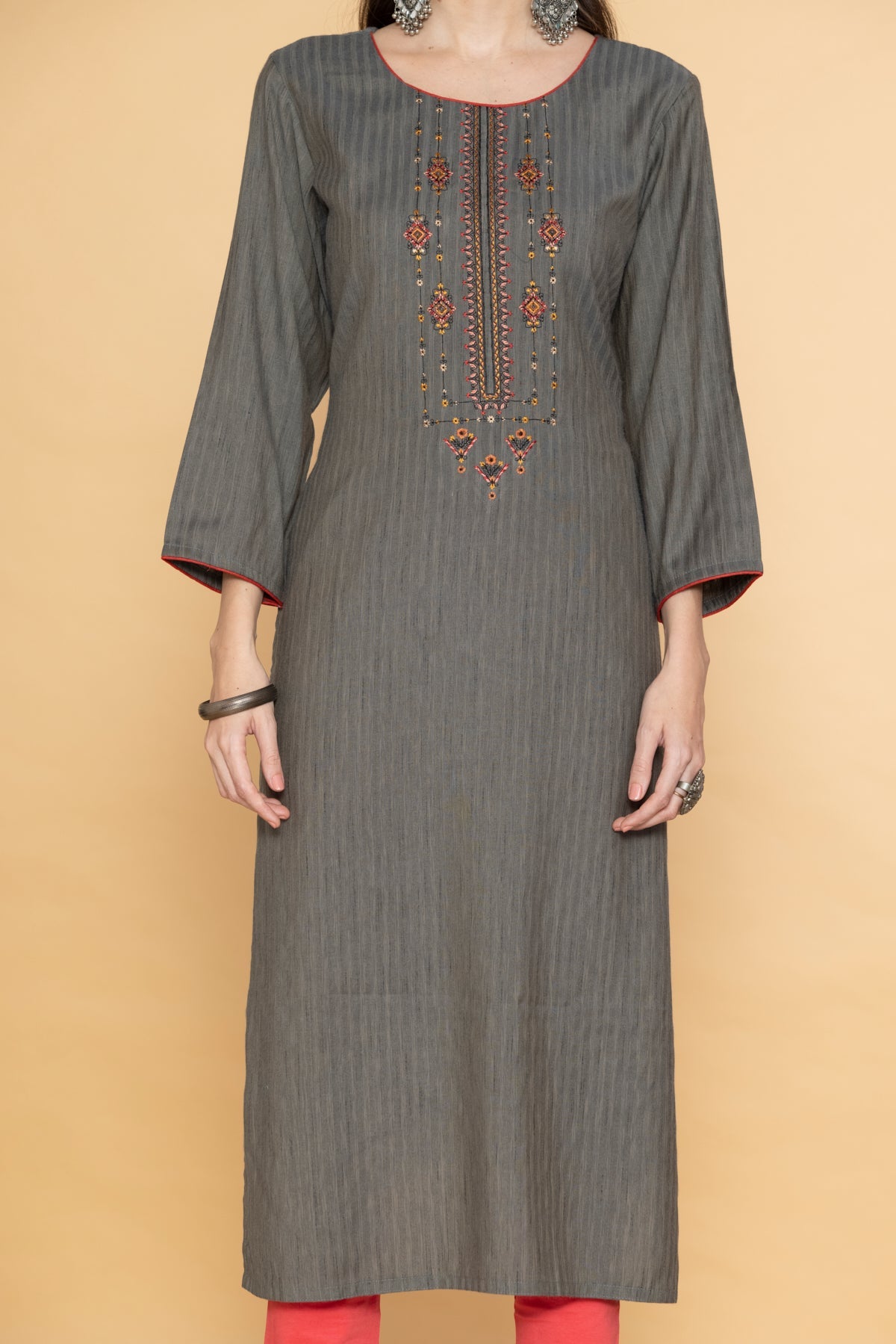 Grey Yoke Embroidered Kurta
