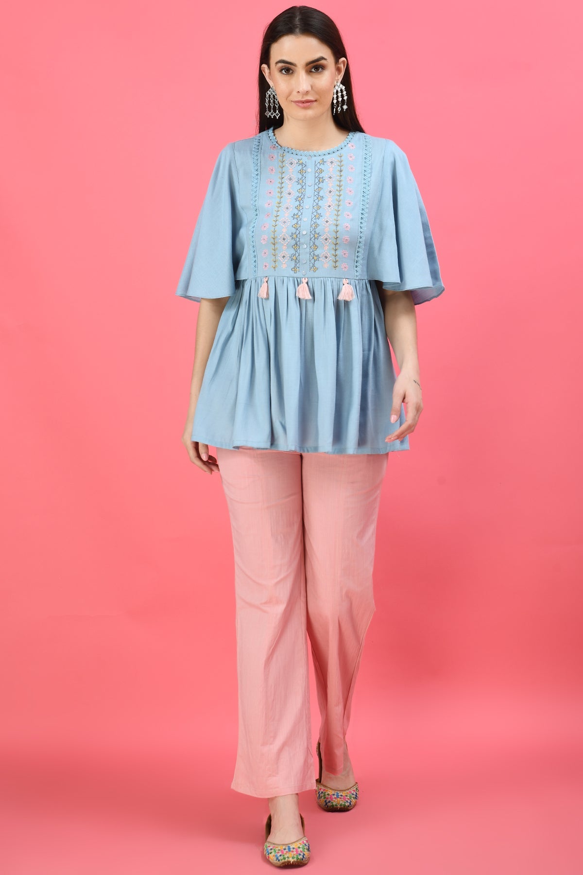 Blue Floral Embroidered Thread Work Top