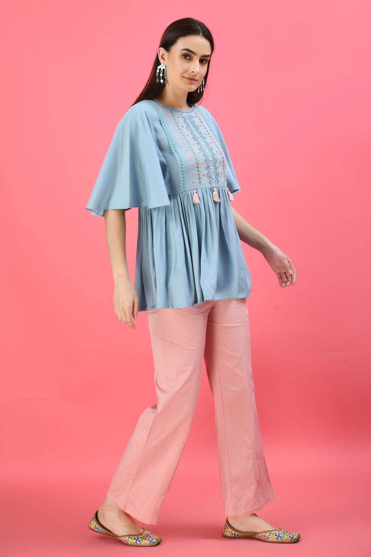 Blue Floral Embroidered Thread Work Top
