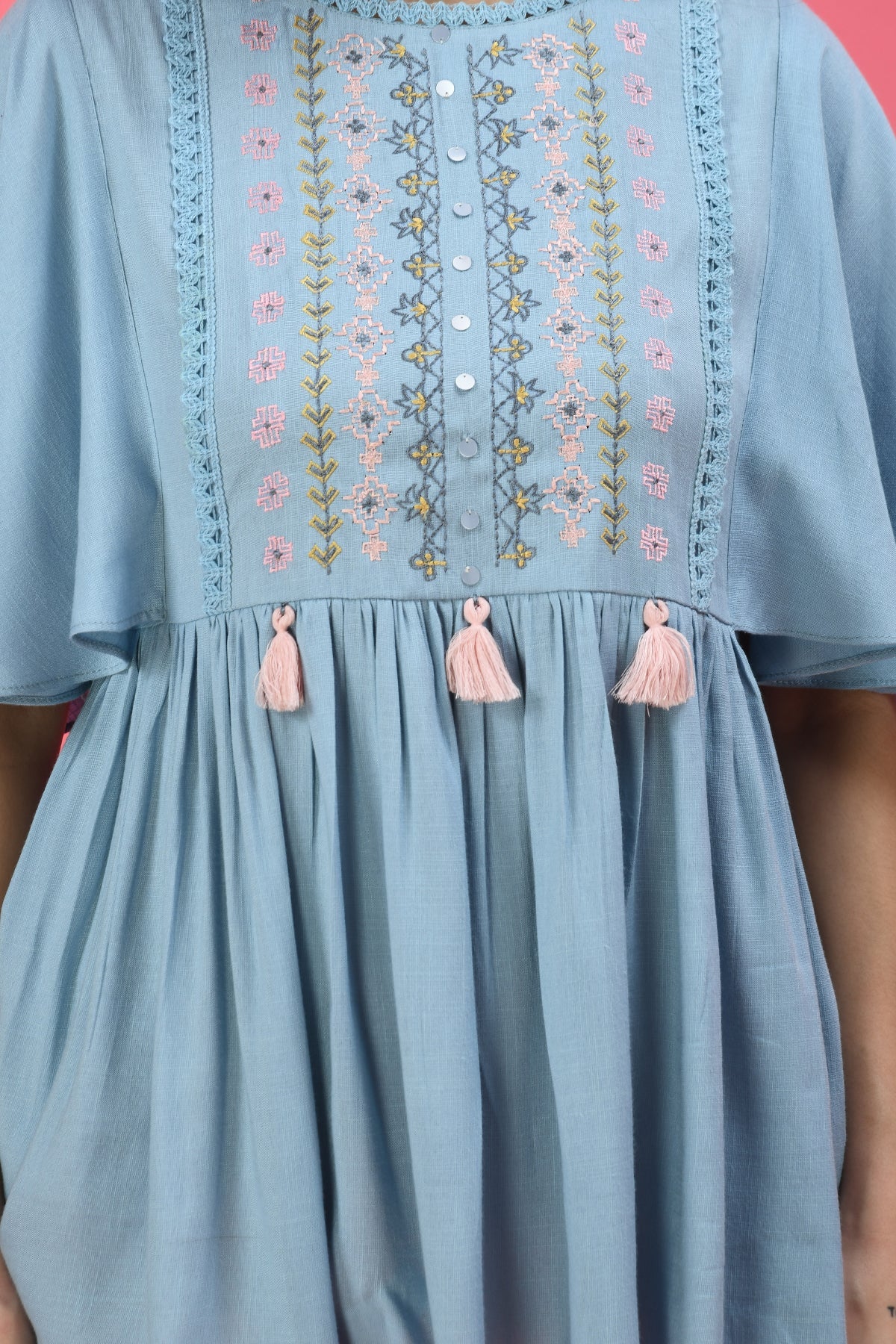 Blue Floral Embroidered Thread Work Top
