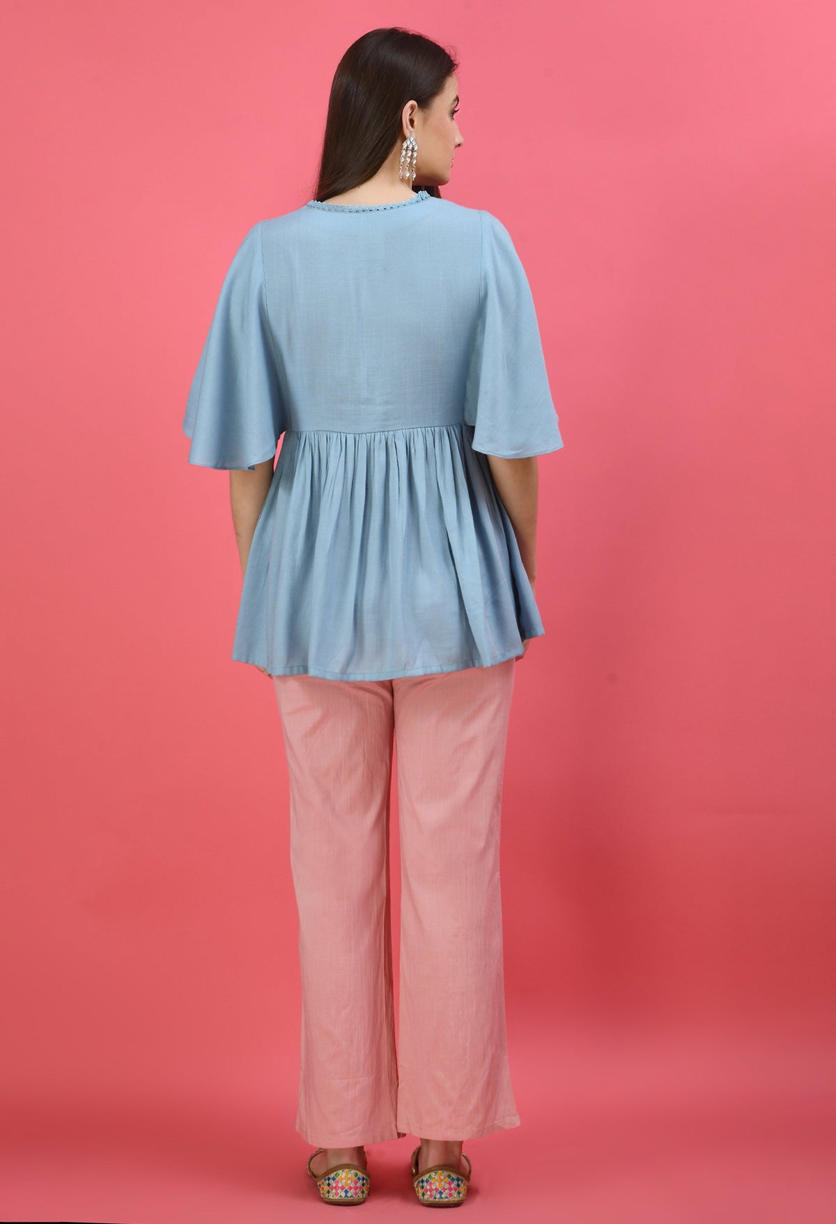 Blue Floral Embroidered Thread Work Top