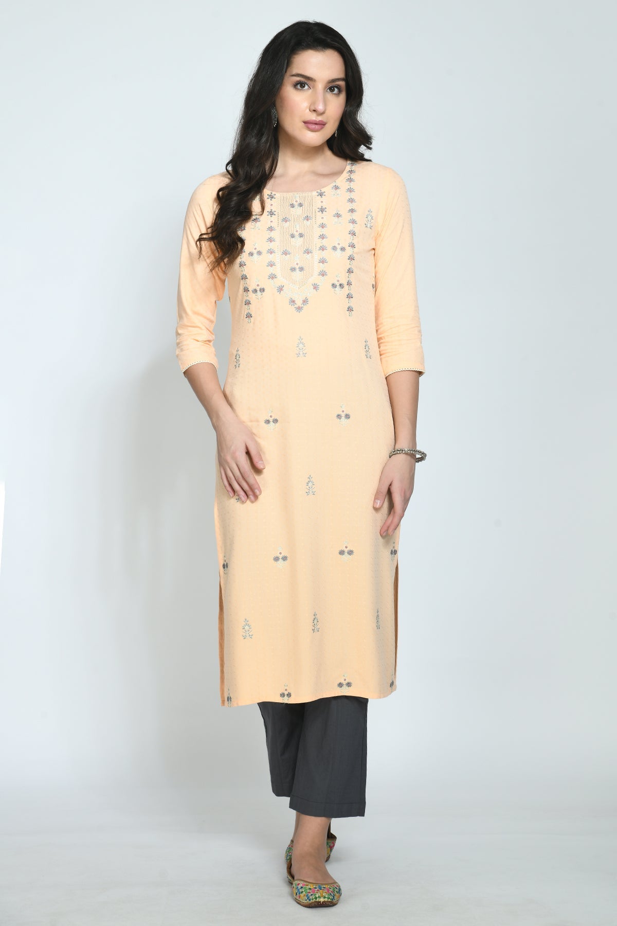 Peach Yoke Embroidered Kurta