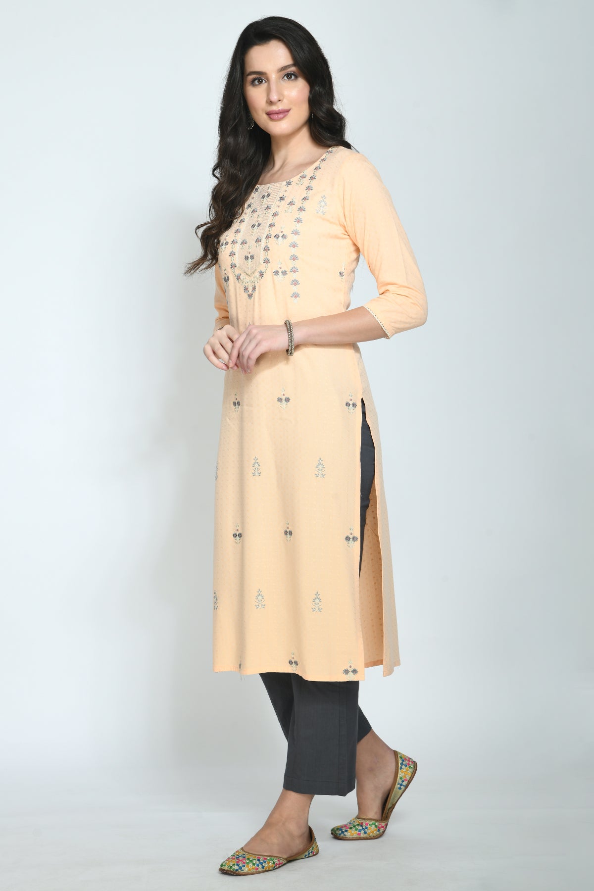 Peach Yoke Embroidered Kurta