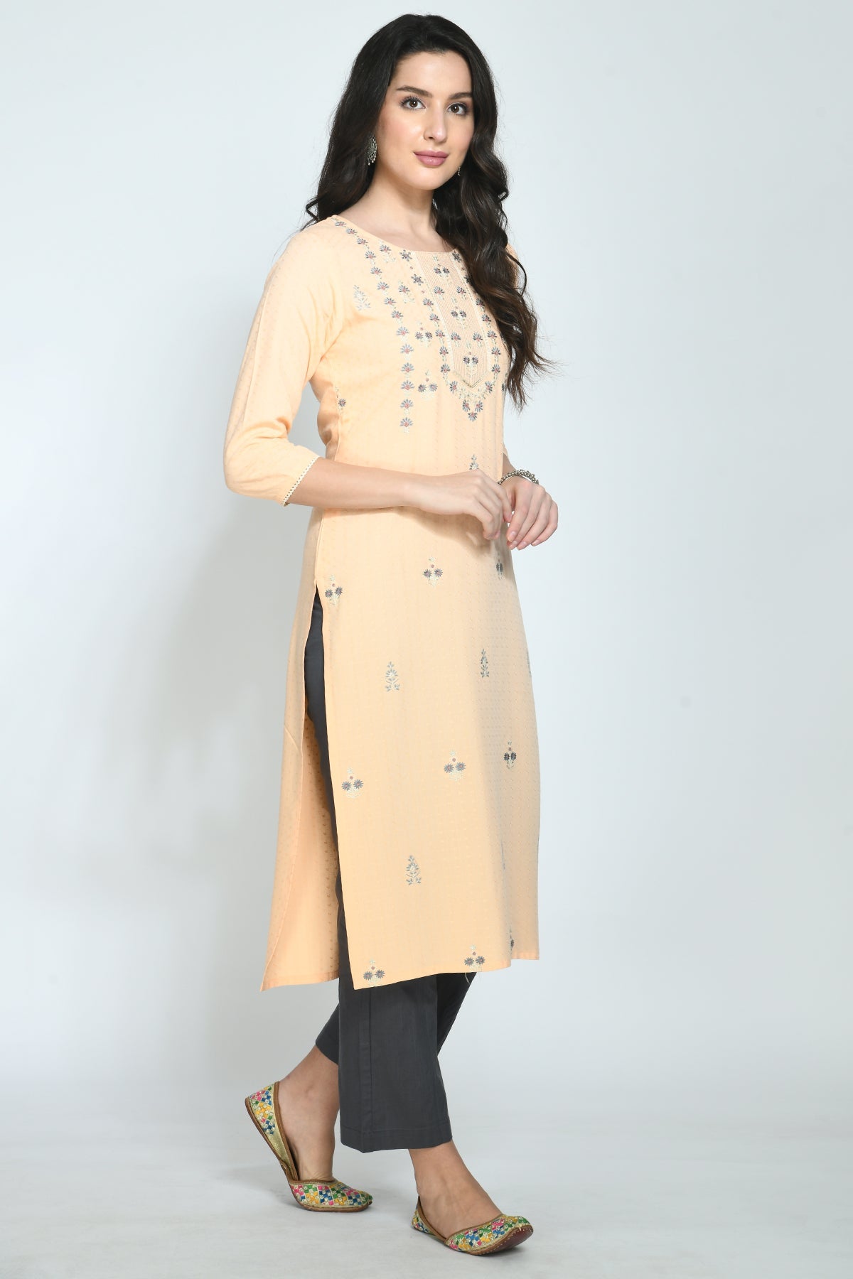Peach Yoke Embroidered Kurta