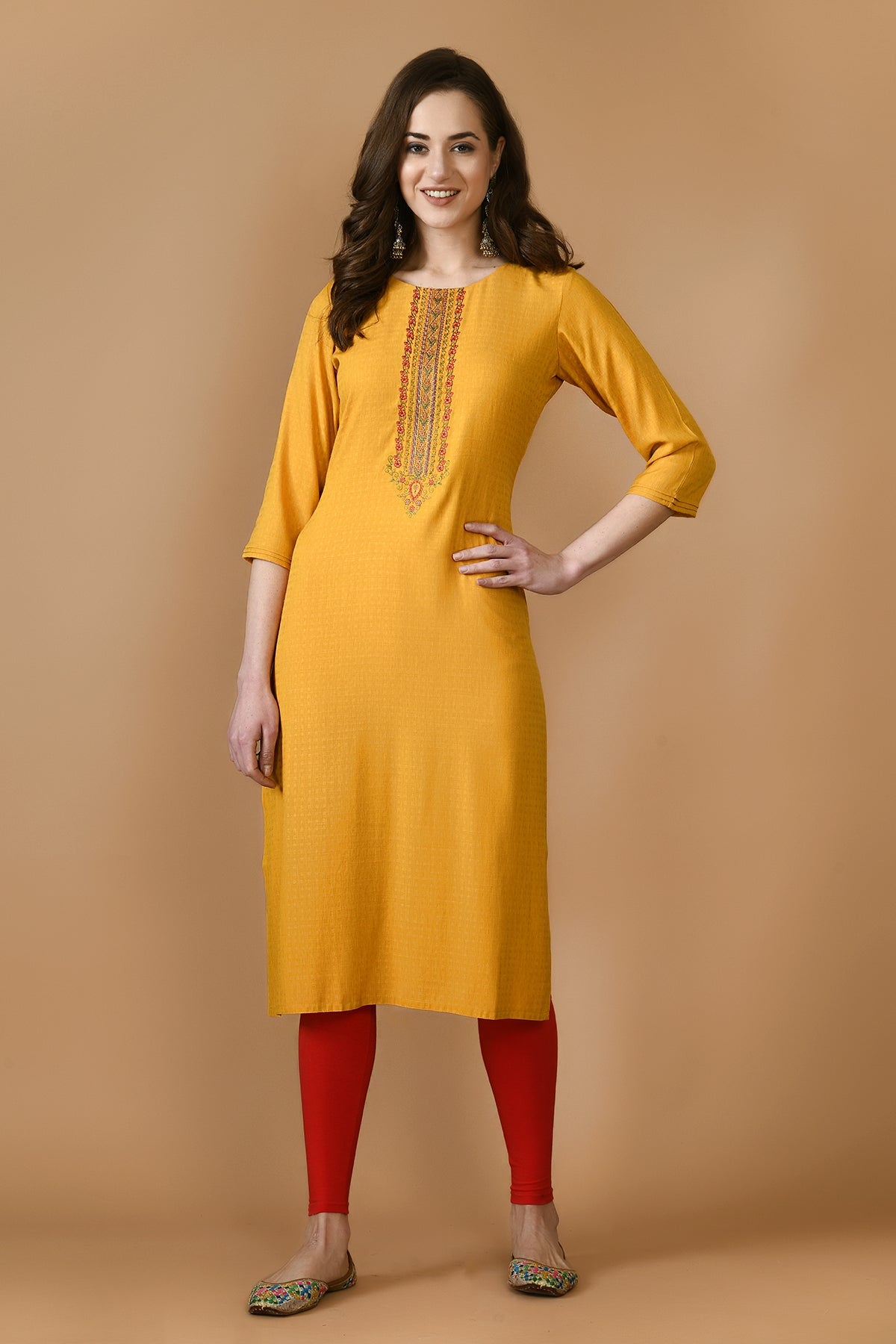 Mustard Yellow Yoke Embroidered Kurta