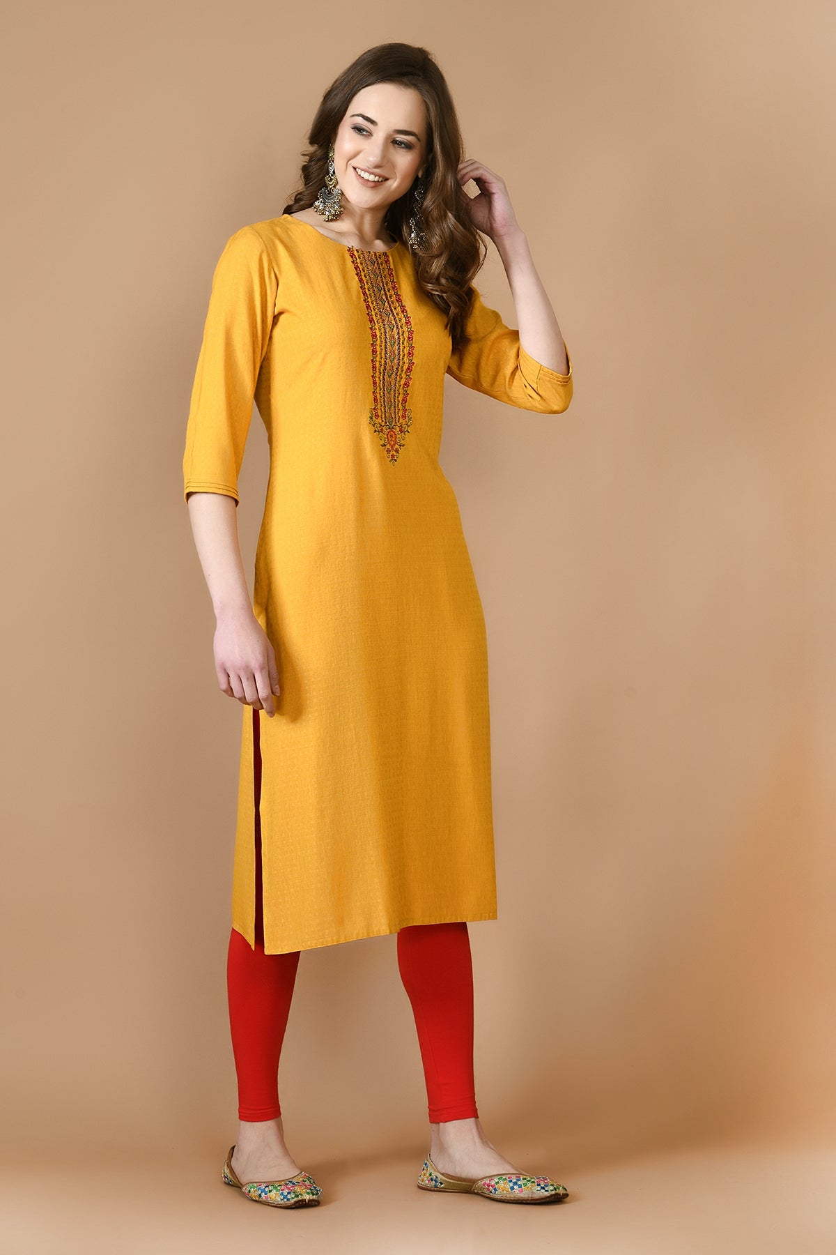 Mustard Yellow Yoke Embroidered Kurta