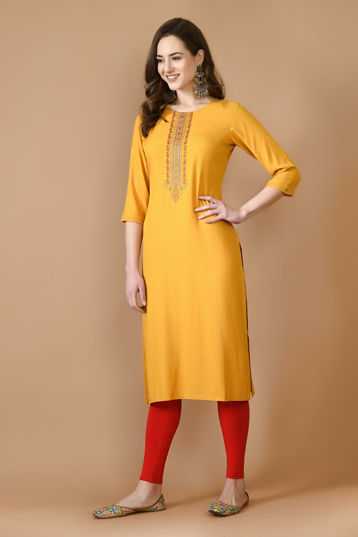 Mustard Yellow Yoke Embroidered Kurta