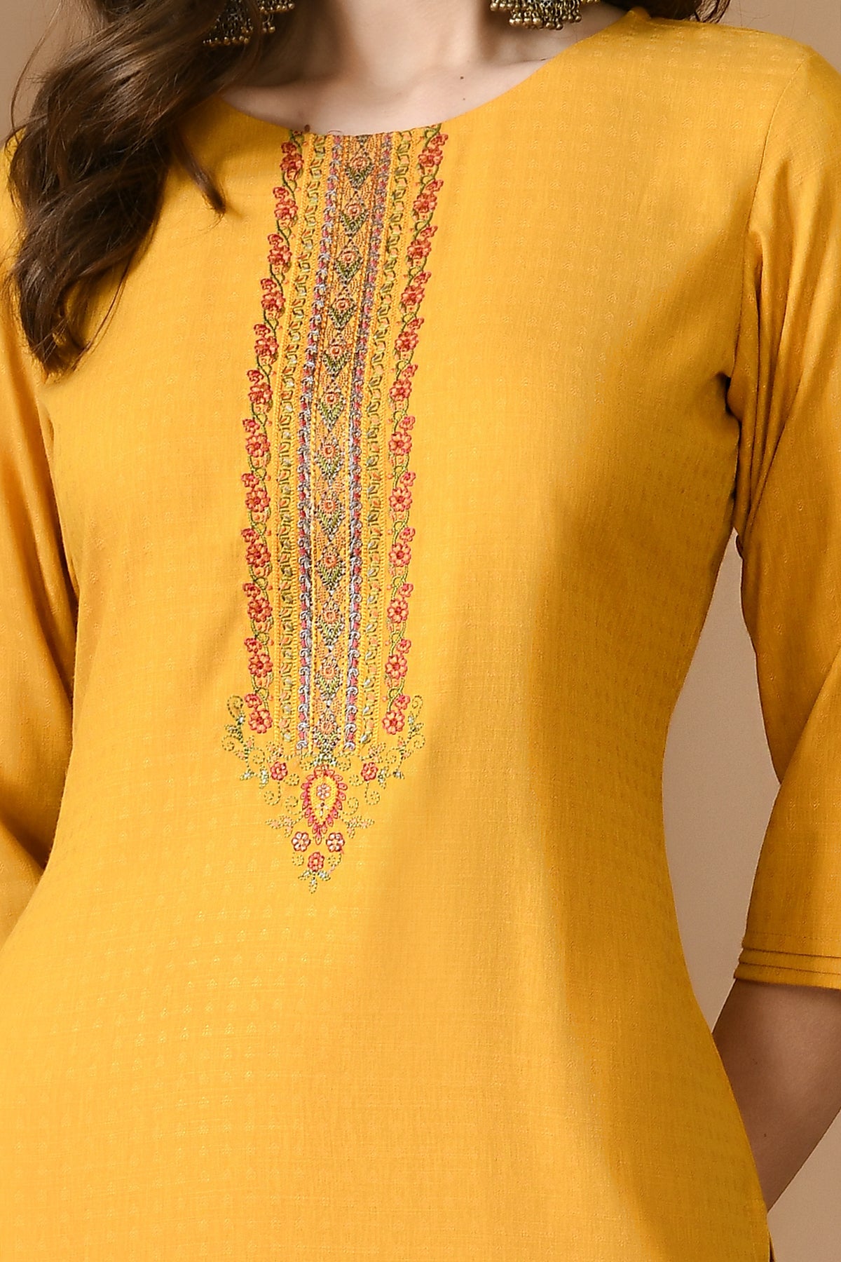 Mustard Yellow Yoke Embroidered Kurta