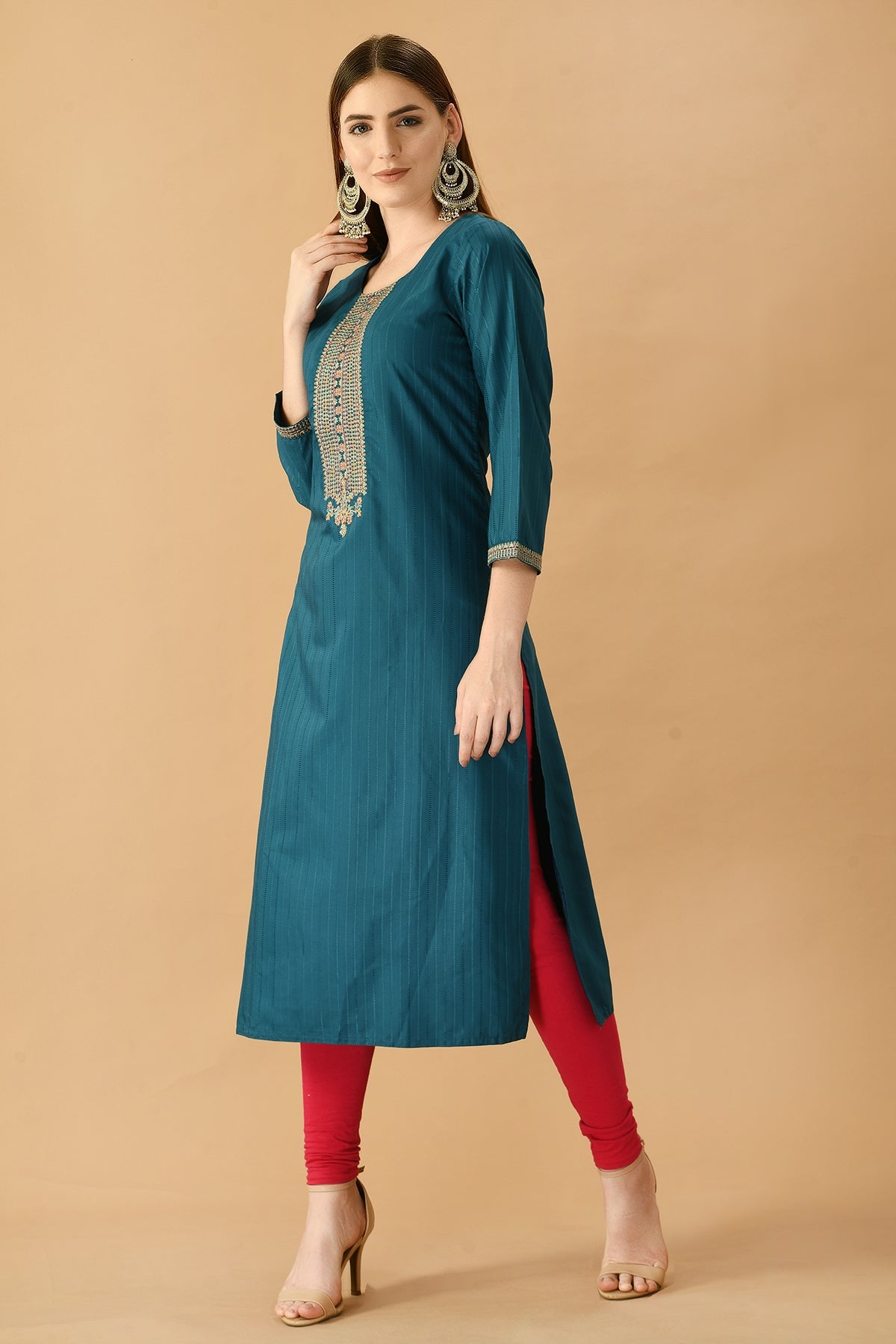 Teal Yoke Embroidered Kurta