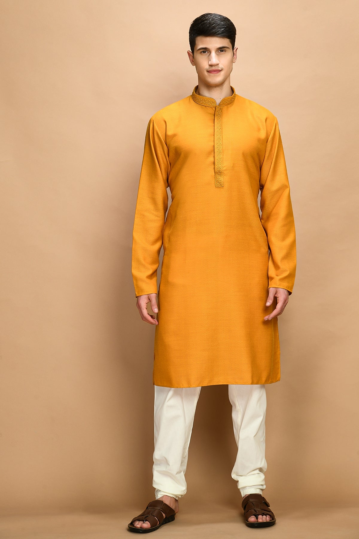 Mustard Yellow Solid Thread Work Straight Kurta Set