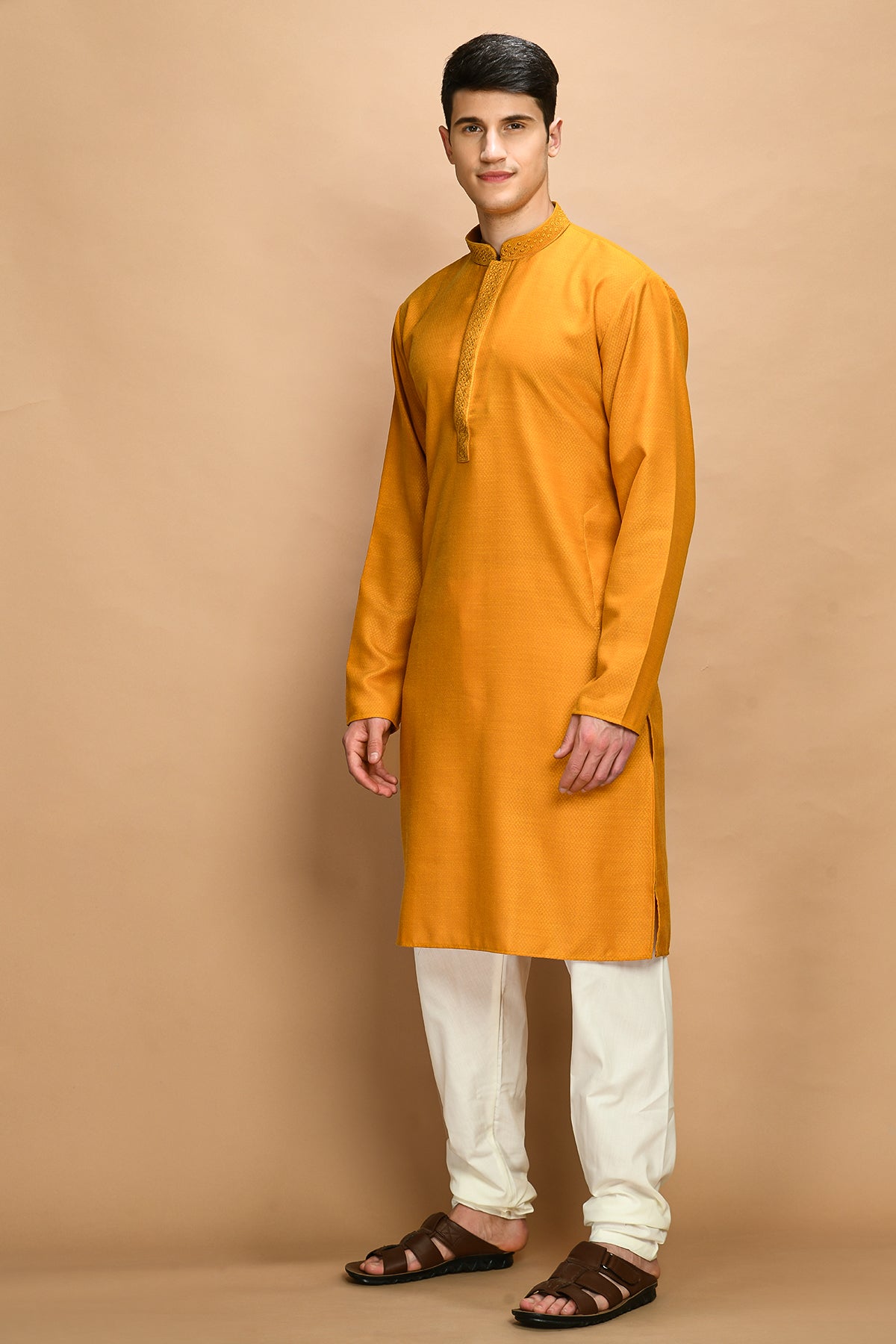 Mustard Yellow Solid Thread Work Straight Kurta Set