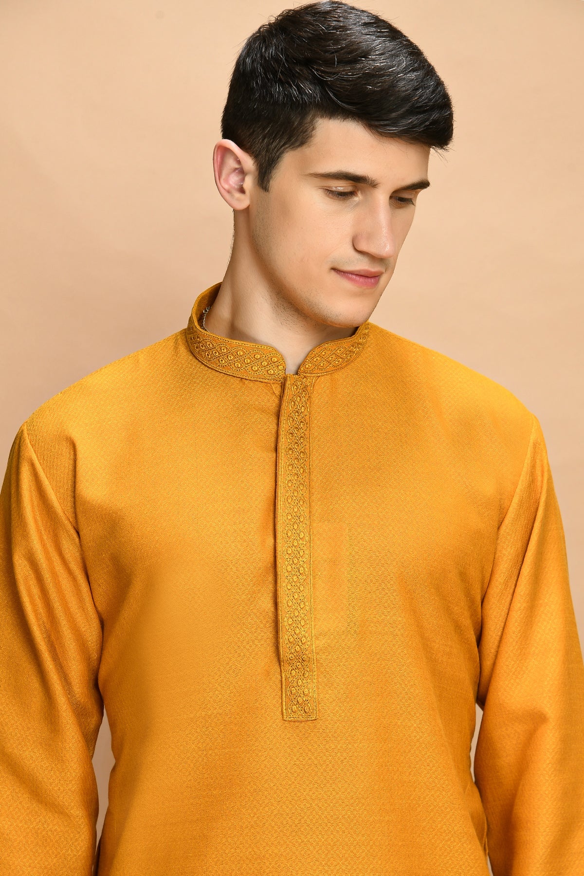 Mustard Yellow Solid Thread Work Straight Kurta Set