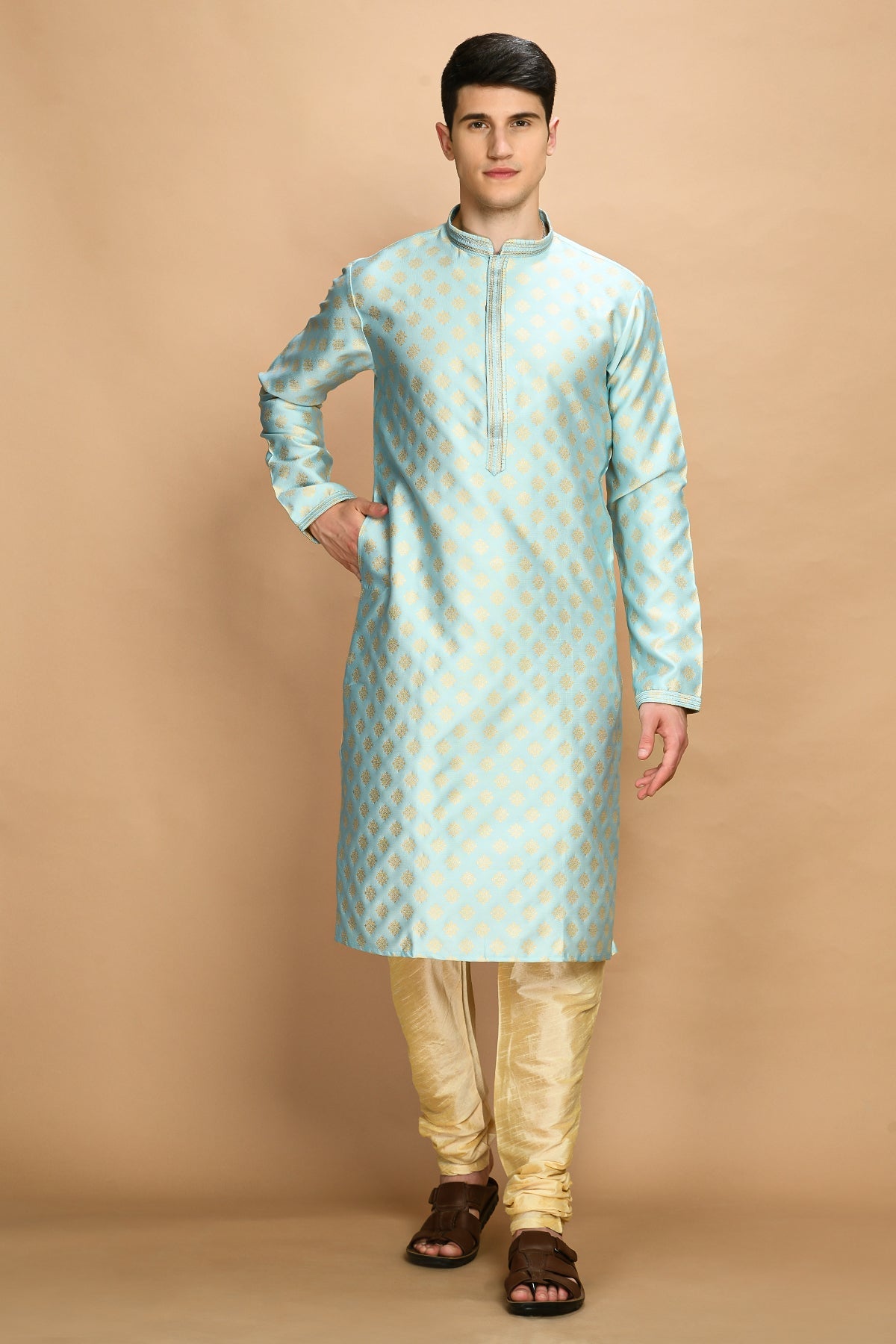 Sky Blue and Gold-Coloured Self Design Kurta with Churidar