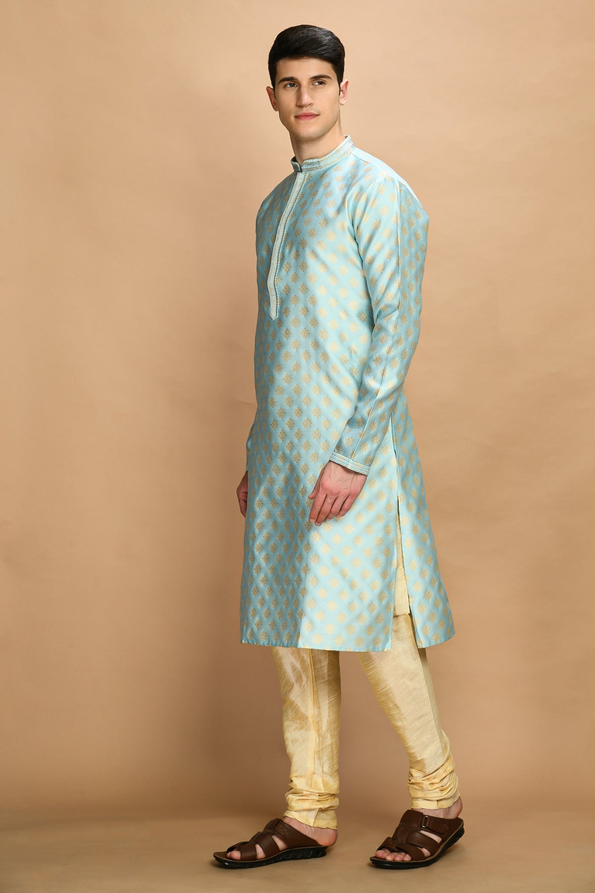 Sky Blue and Gold-Coloured Self Design Kurta with Churidar