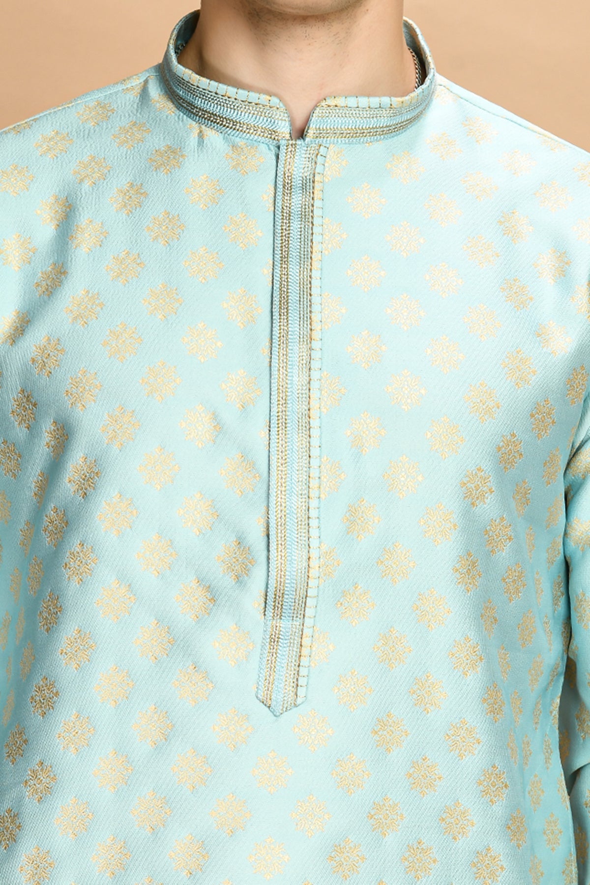 Sky Blue and Gold-Coloured Self Design Kurta with Churidar