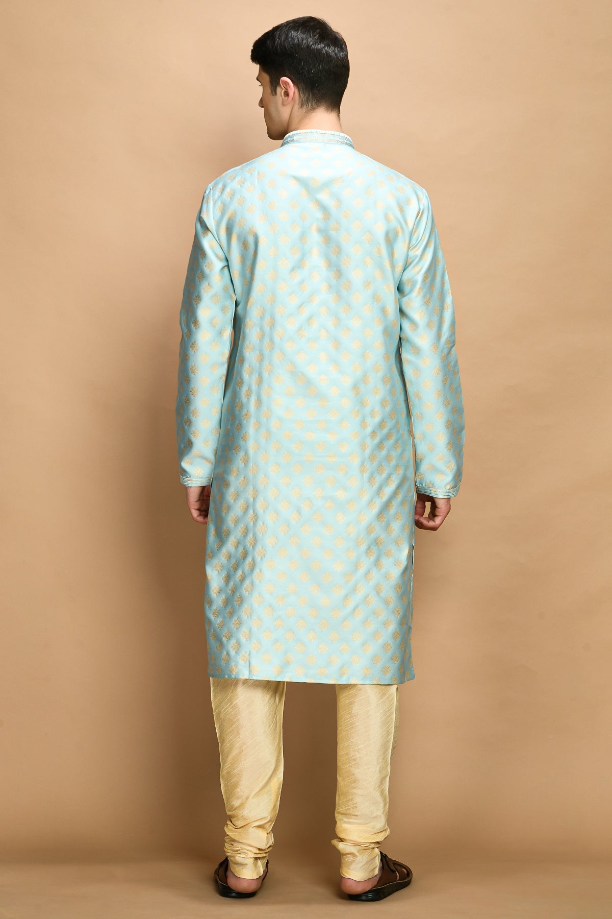 Sky Blue and Gold-Coloured Self Design Kurta with Churidar