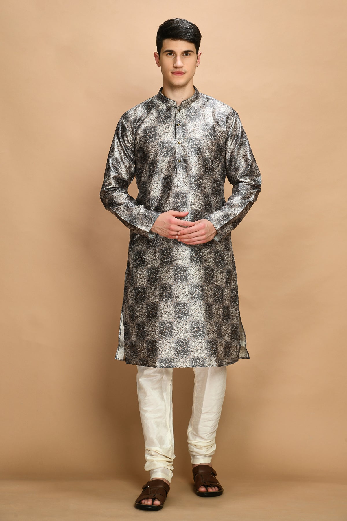 Grey Printed Straight Kurta Set