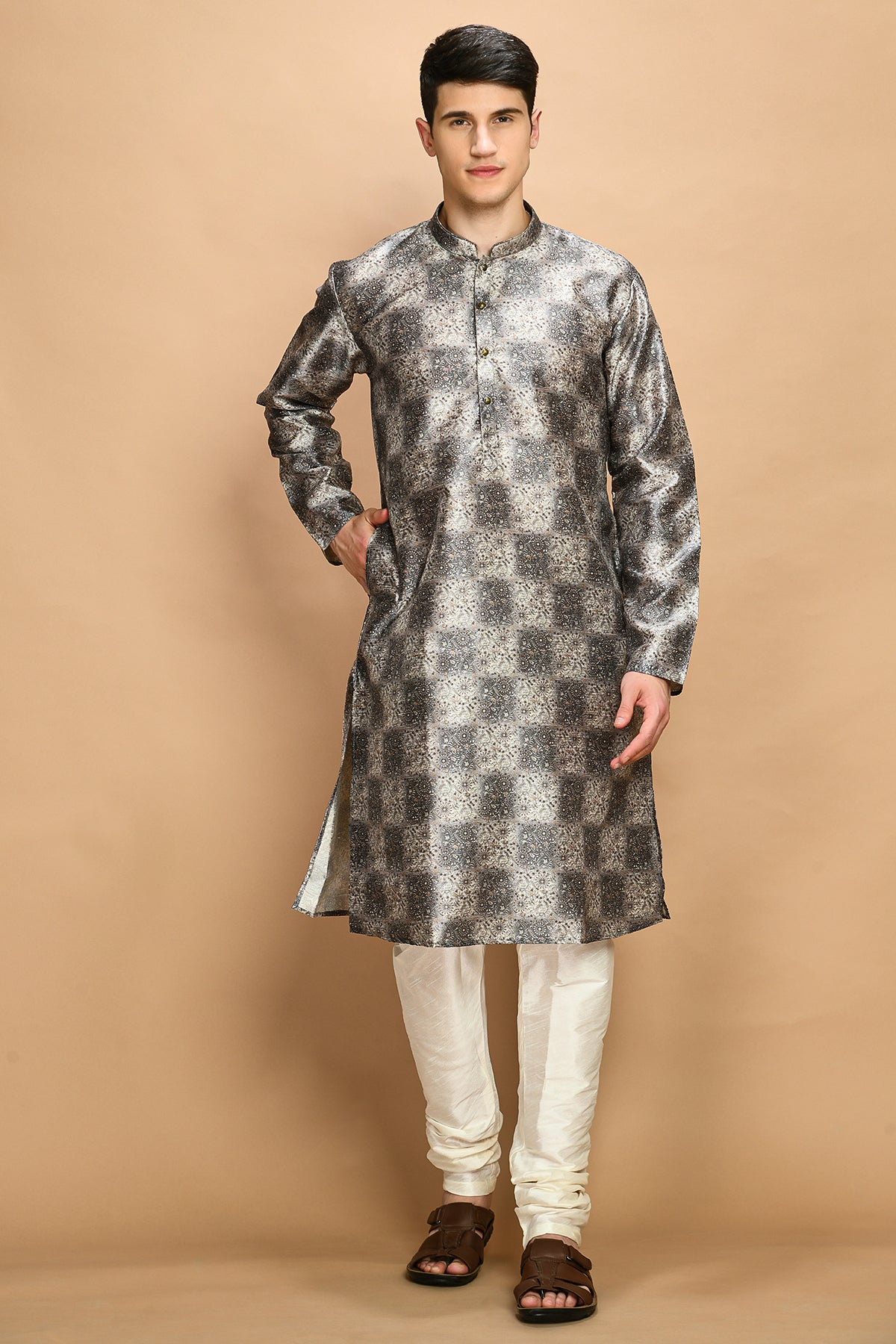 Grey Printed Straight Kurta Set