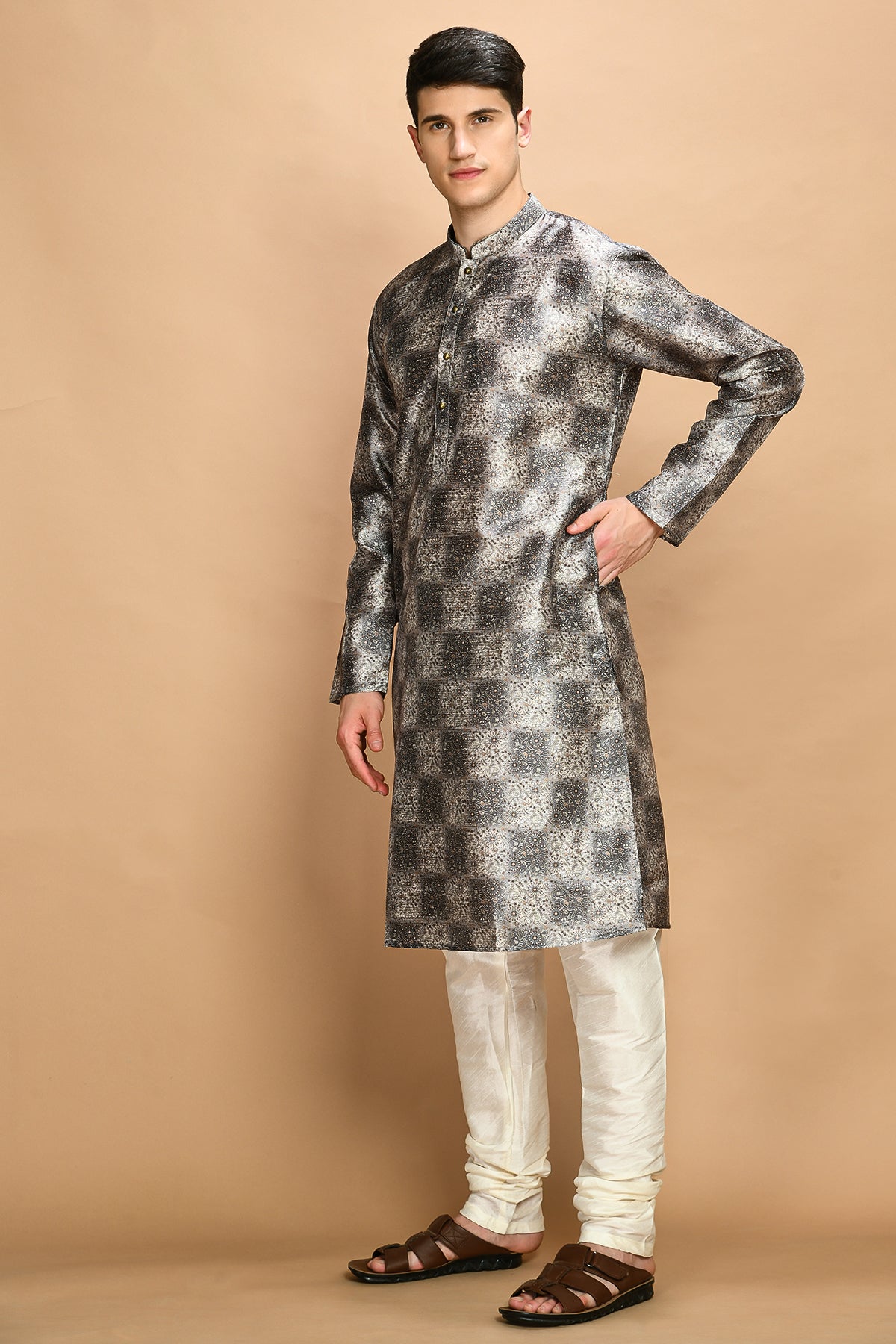 Grey Printed Straight Kurta Set