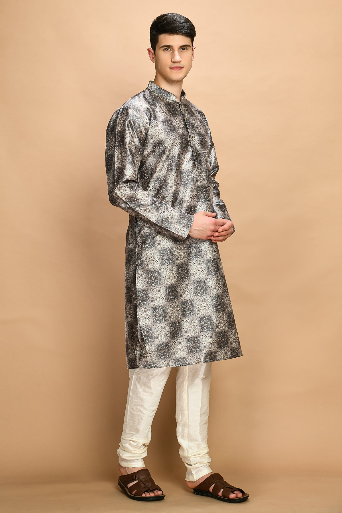 Grey Printed Straight Kurta Set