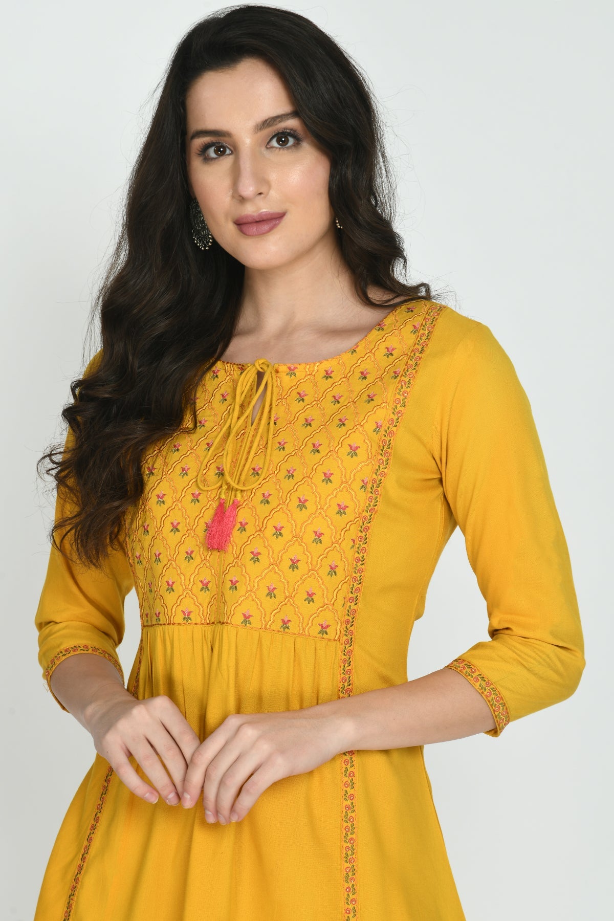Mustard Yellow Floral Yoke Embroidered Top
