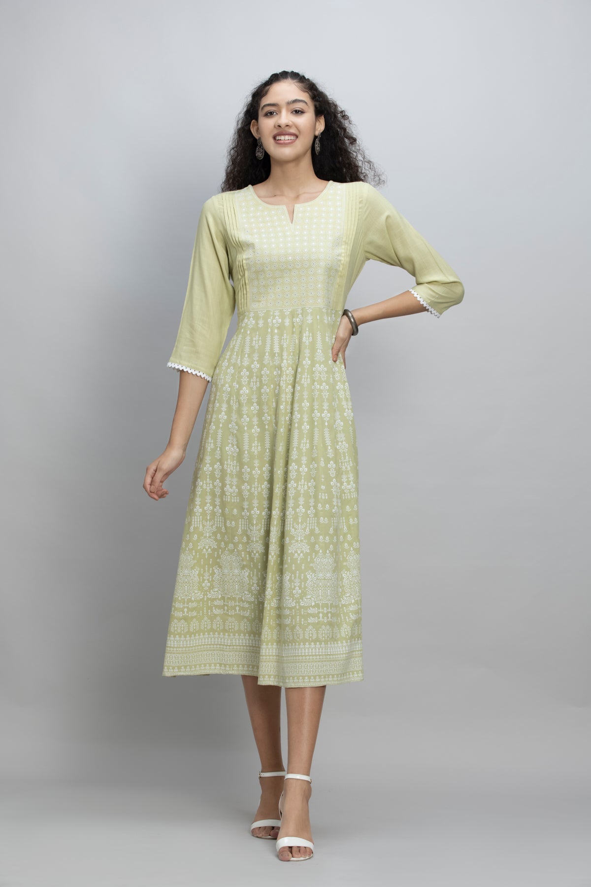 Green Yoke Embroidered and Printed Dress