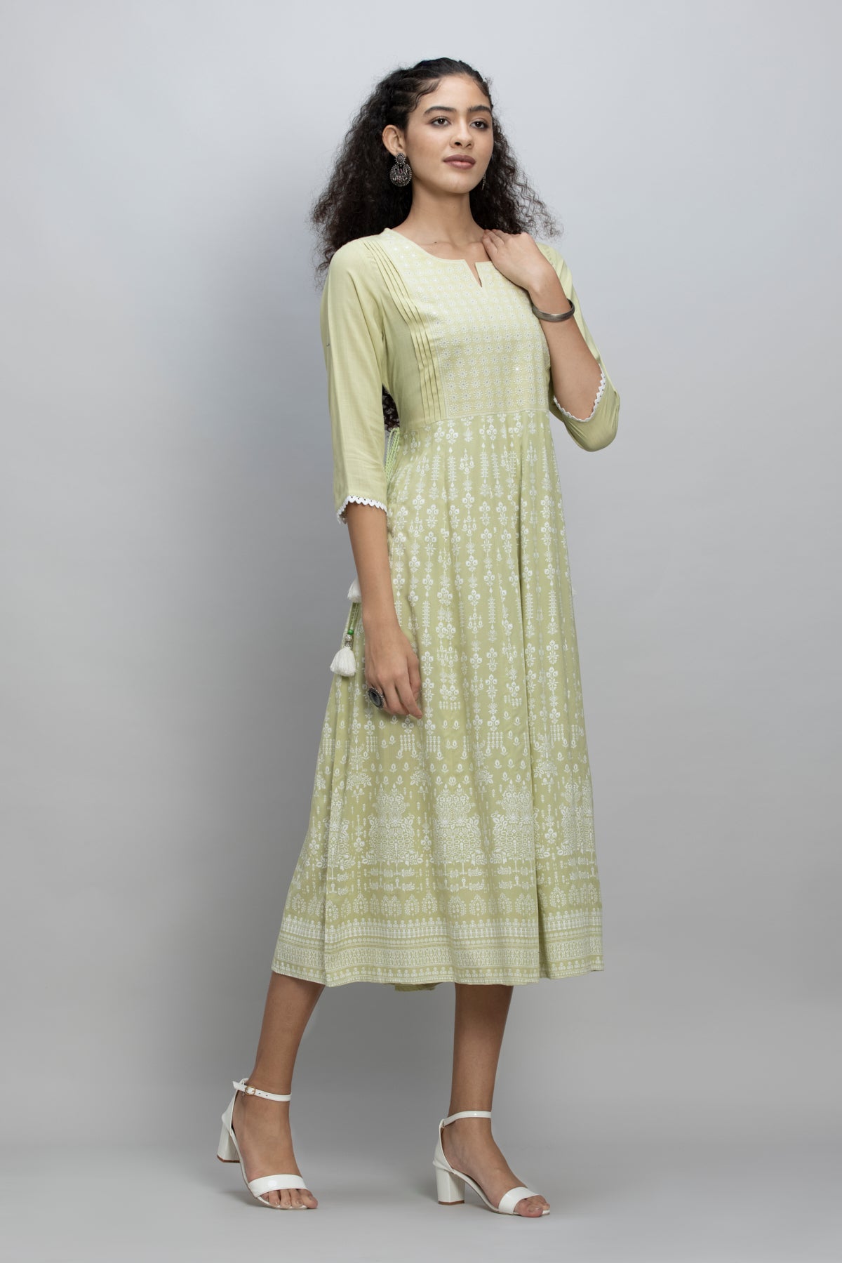 Green Yoke Embroidered and Printed Dress