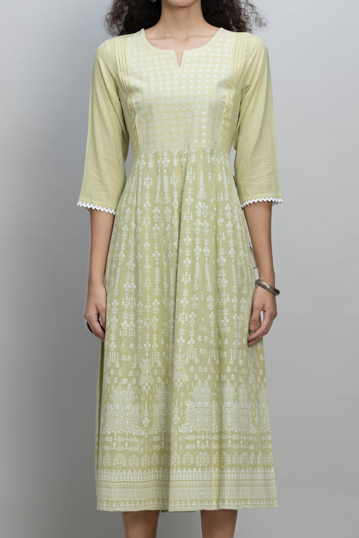 Green Yoke Embroidered and Printed Dress