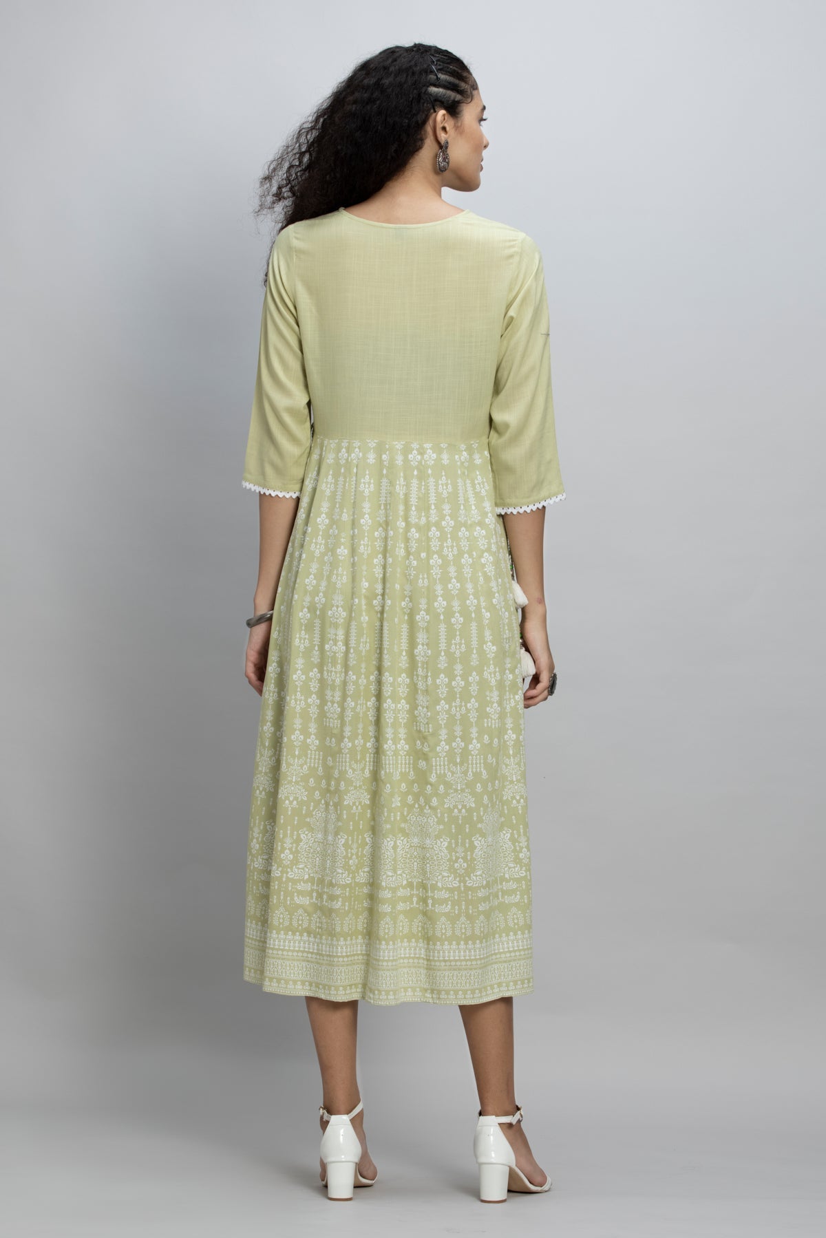 Green Yoke Embroidered and Printed Dress