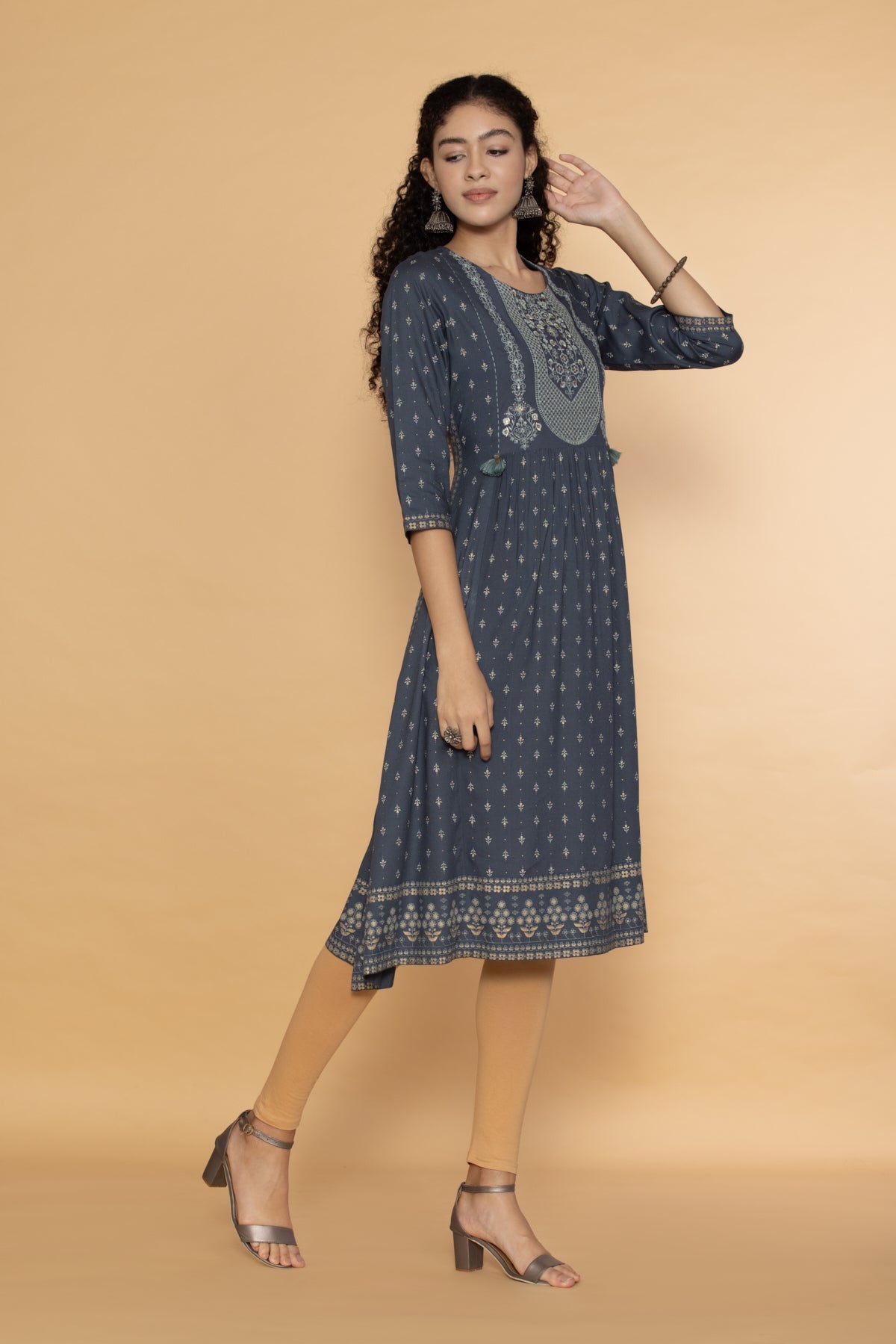 Grey Yoke Embroidered Printed Midi Dress