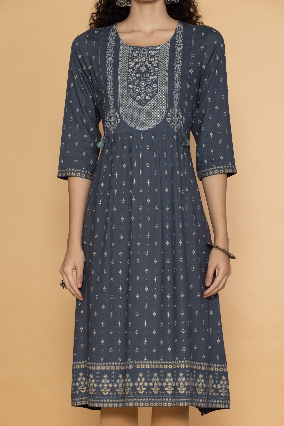 Grey Yoke Embroidered Printed Midi Dress