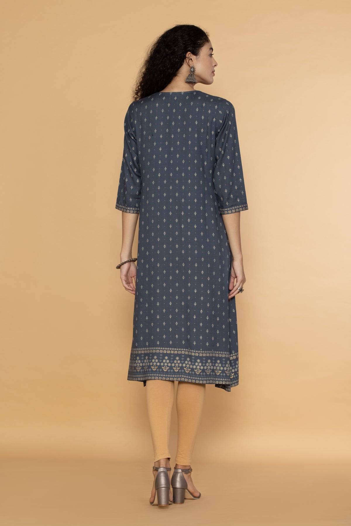 Grey Yoke Embroidered Printed Midi Dress
