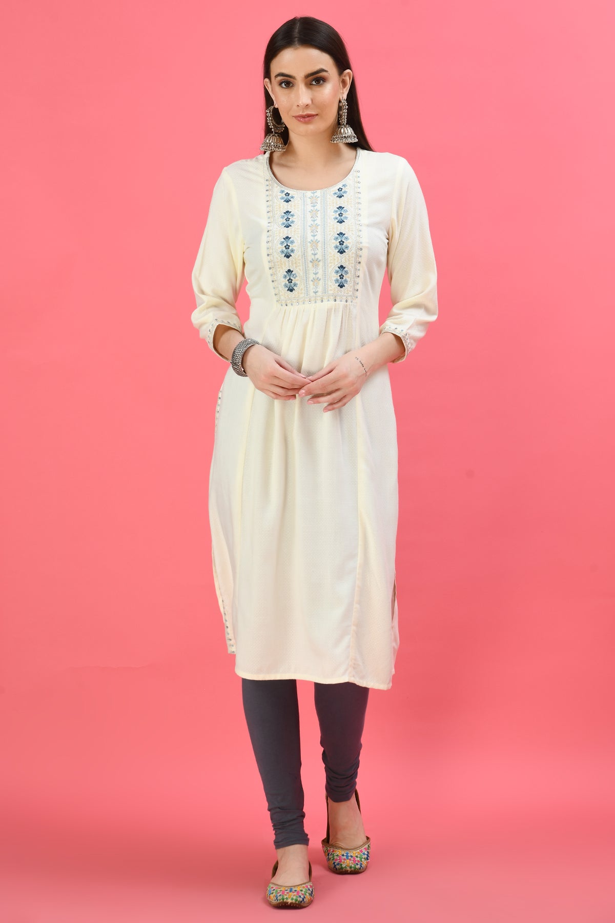 Cream Yoke Embroidered Kurta