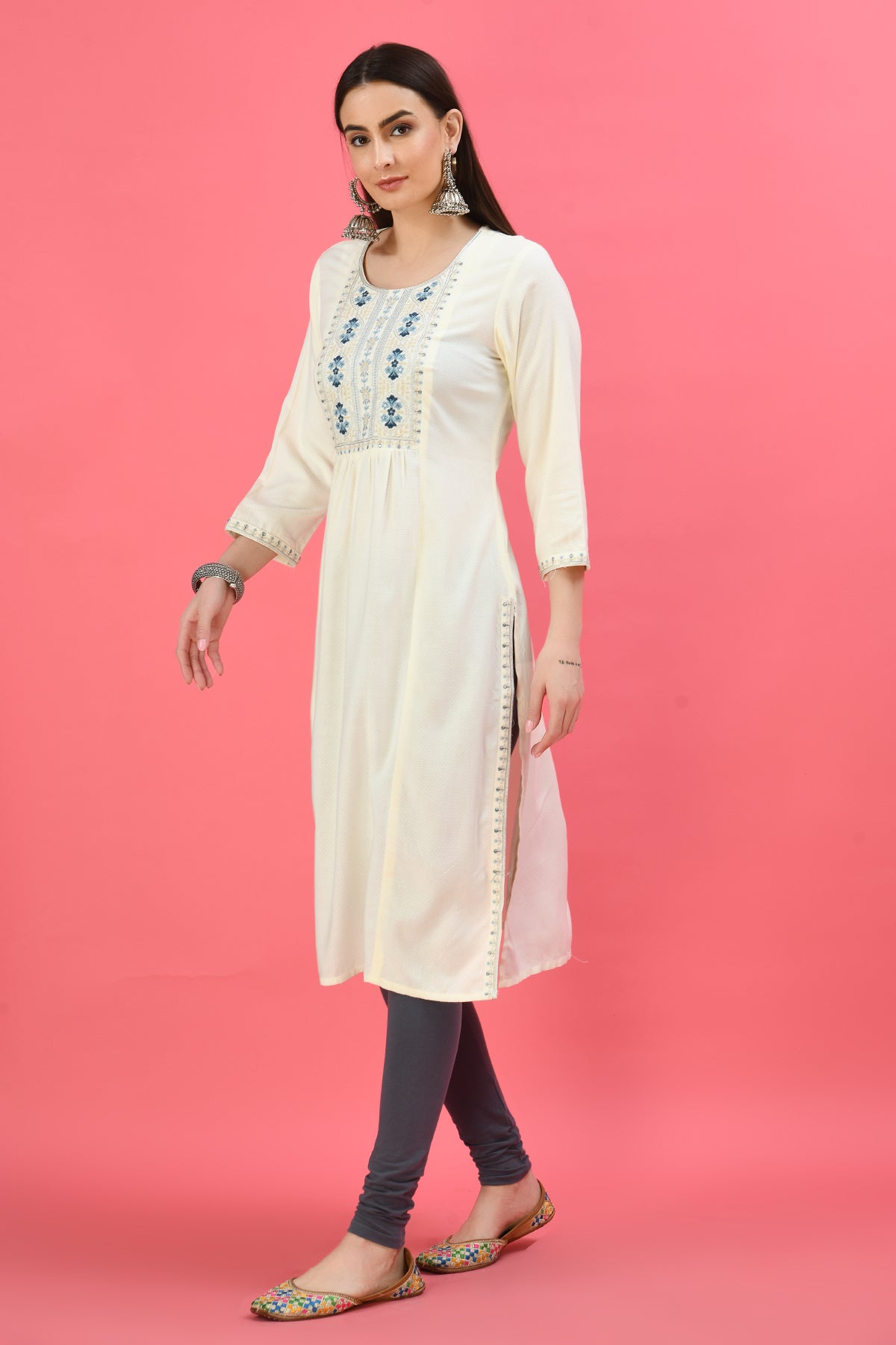 Cream Yoke Embroidered Kurta