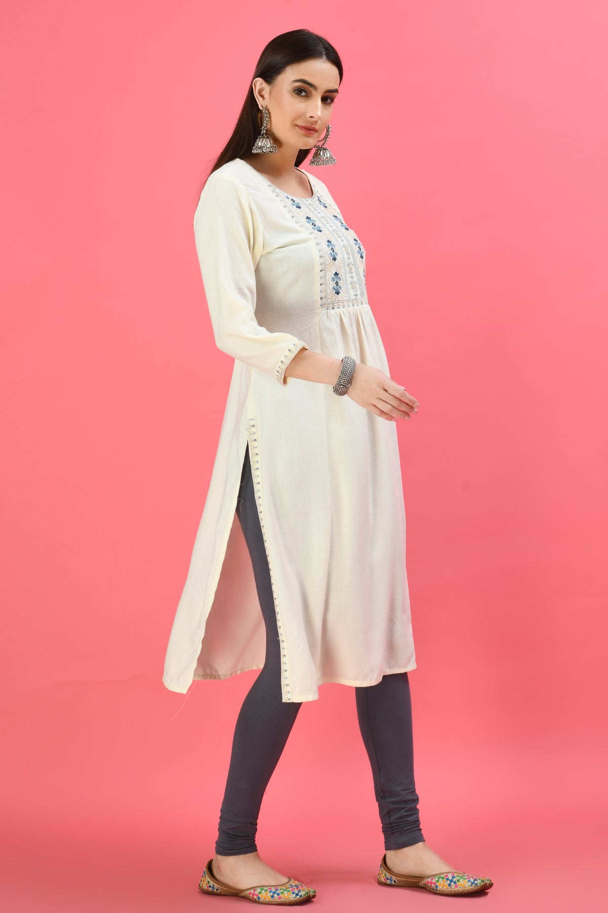 Cream Yoke Embroidered Kurta