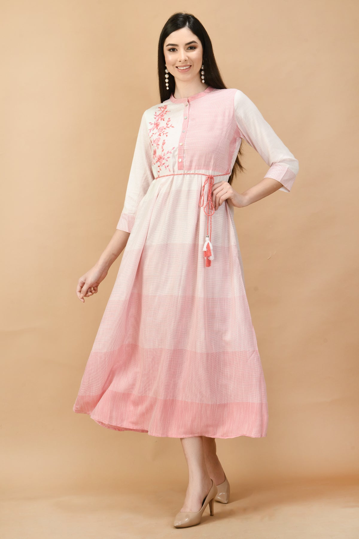Pink Yoke Embroidered Midi Dress