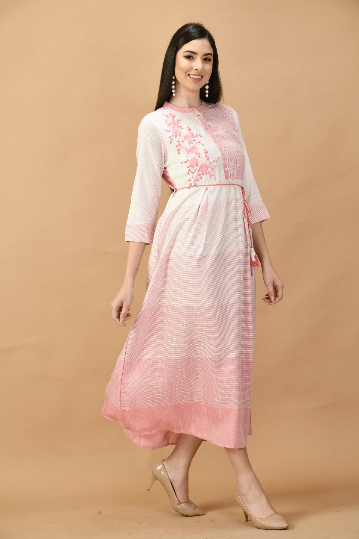Pink Yoke Embroidered Midi Dress