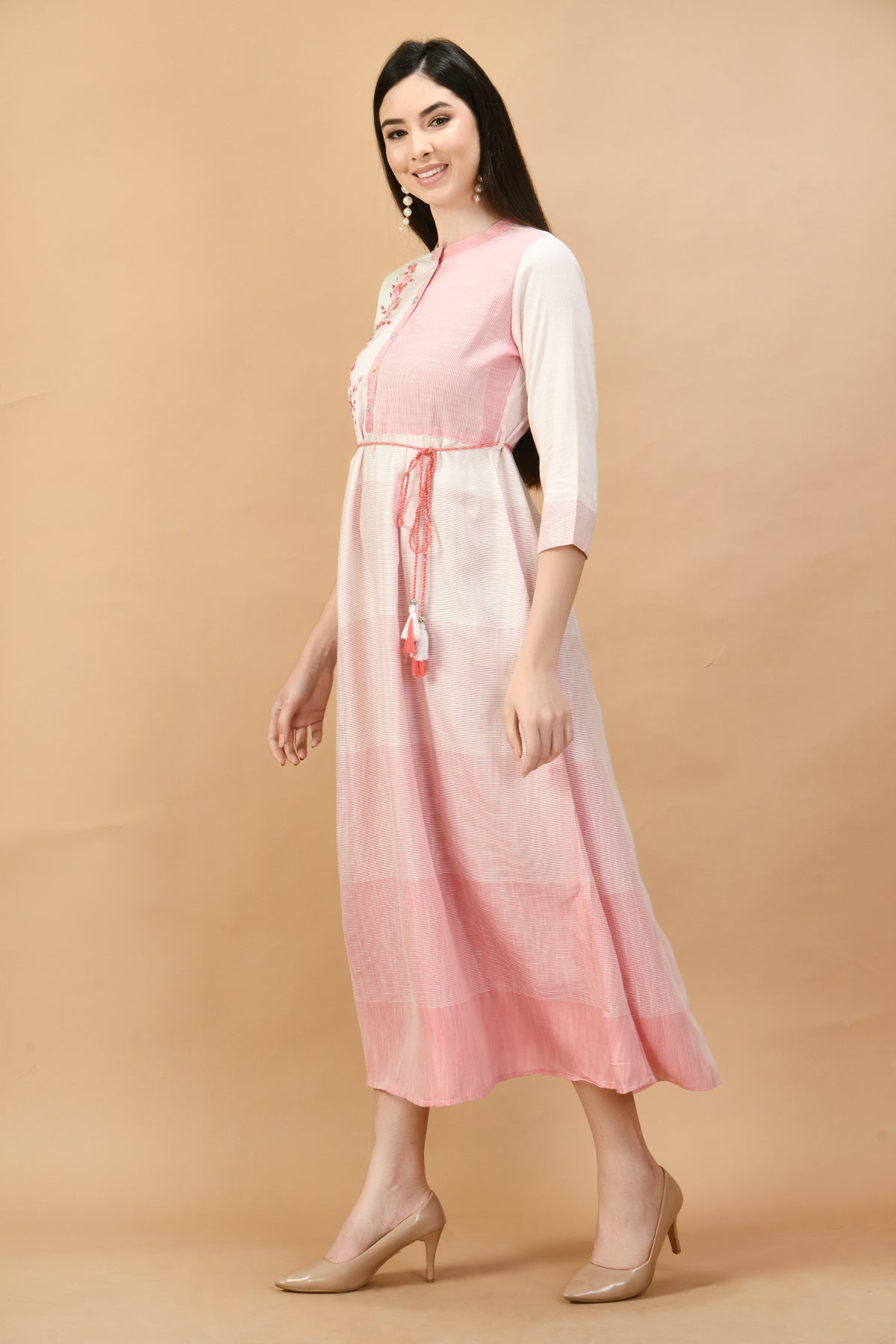 Pink Yoke Embroidered Midi Dress