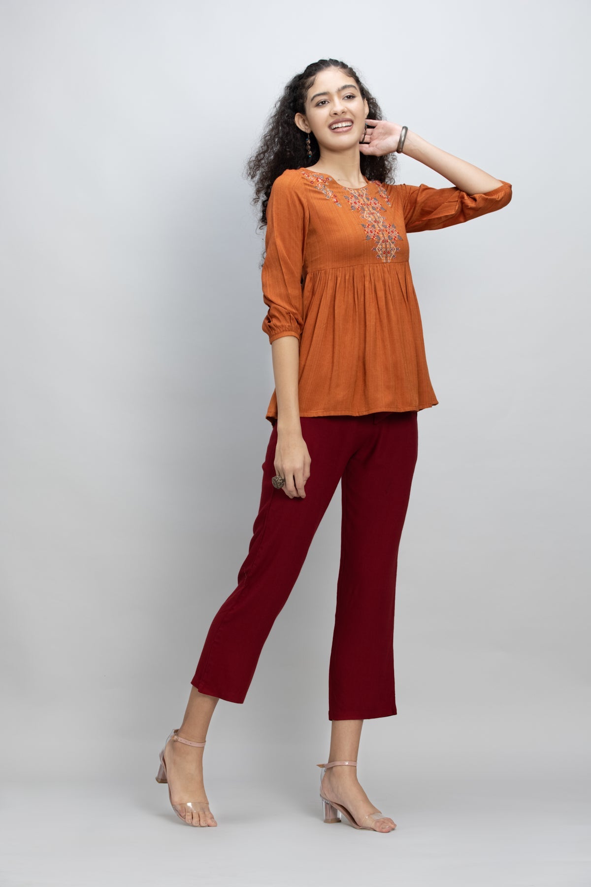 Rust Orange Yoke Embroidered A-Line Top
